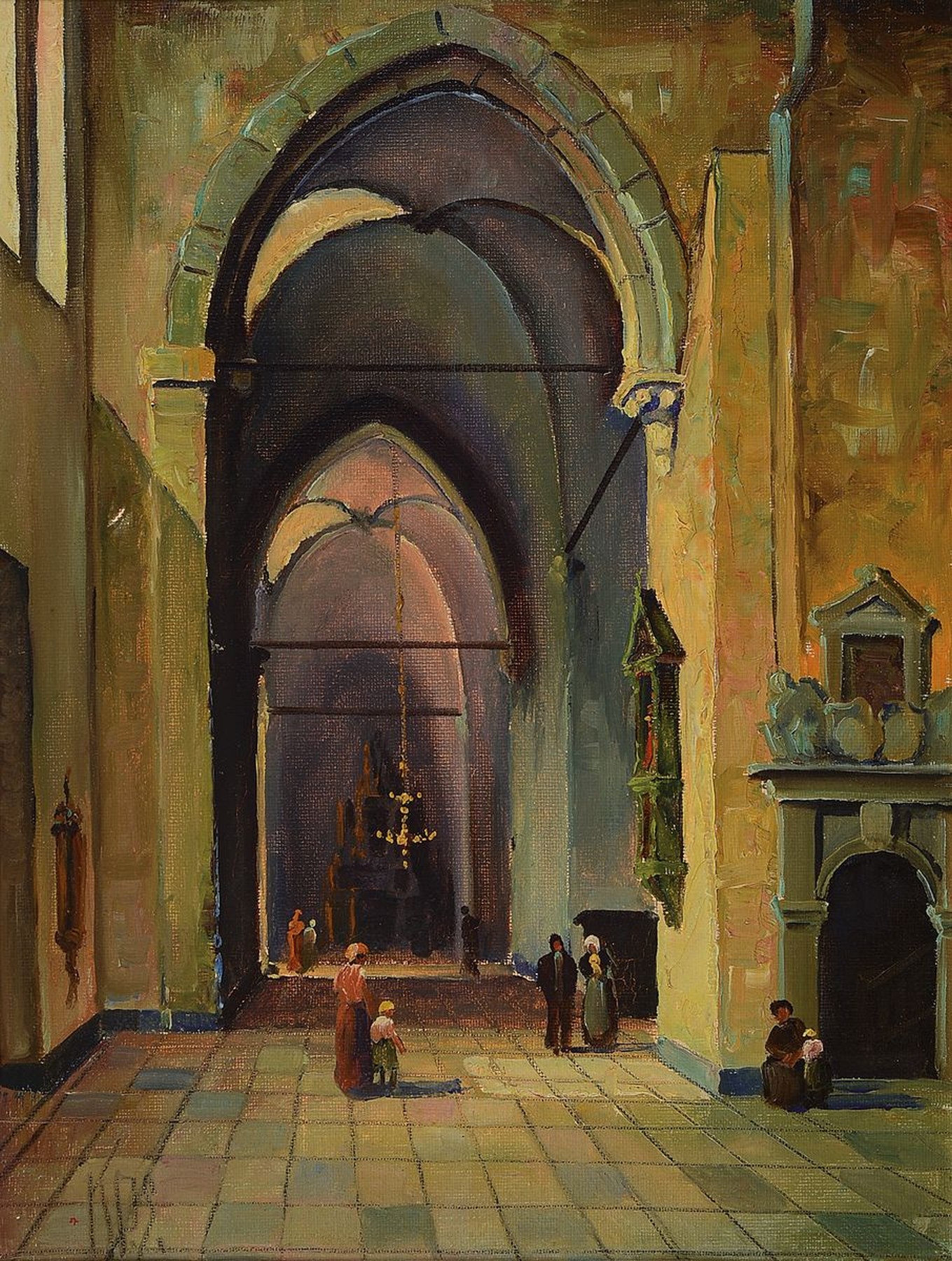 Monogrammist KPS, um 1920-30, Personen im Seitenschiff einer Kathedrale, Öl/Lwd, links unten monogr., ca. 35x26cm, R. ca. 45x36cm