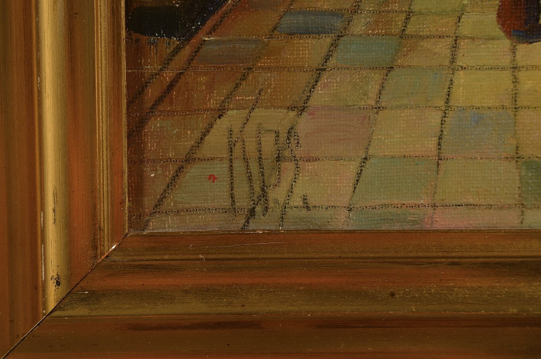 Detail a: Monogrammist KPS, um 1920-30, Personen im Seitenschiff einer Kathedrale, Öl/Lwd, links unten monogr., ca. 35x26cm, R. ca. 45x36cm
