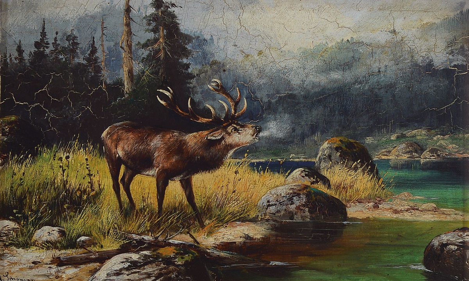 Alfred Schönian, 1856 Frankfurt/Oder-1937 München, 2 Pendants: Rehe beim Äsen auf einer Lichtung, Röhrender Hirsch am Bachlauf, Öl/Holz, beide ...