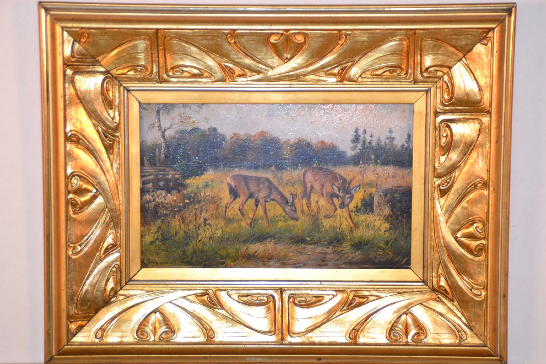 Detail b: Alfred Schönian, 1856 Frankfurt/Oder-1937 München, 2 Pendants: Rehe beim Äsen auf einer Lichtung, Röhrender Hirsch am Bachlauf, Öl/Holz, beide ...