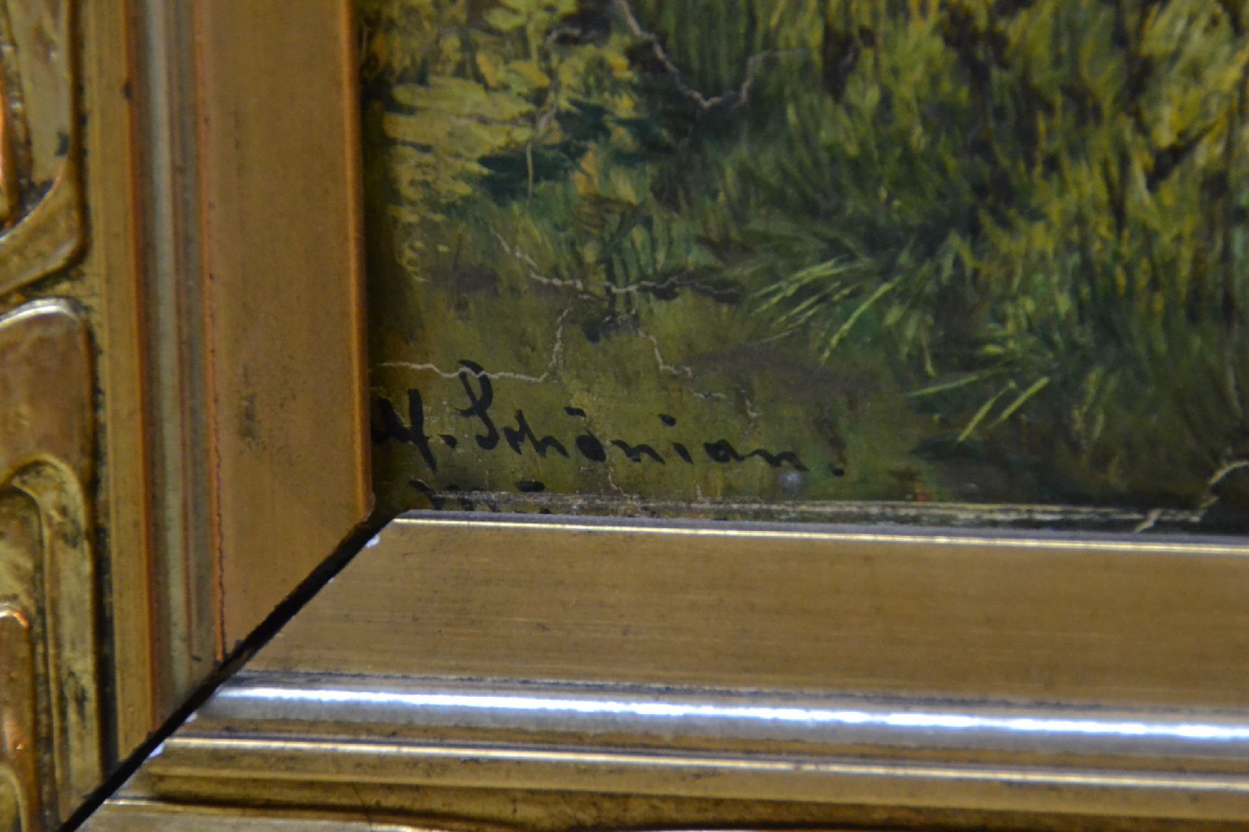 Detail d: Alfred Schönian, 1856 Frankfurt/Oder-1937 München, 2 Pendants: Rehe beim Äsen auf einer Lichtung, Röhrender Hirsch am Bachlauf, Öl/Holz, beide ...