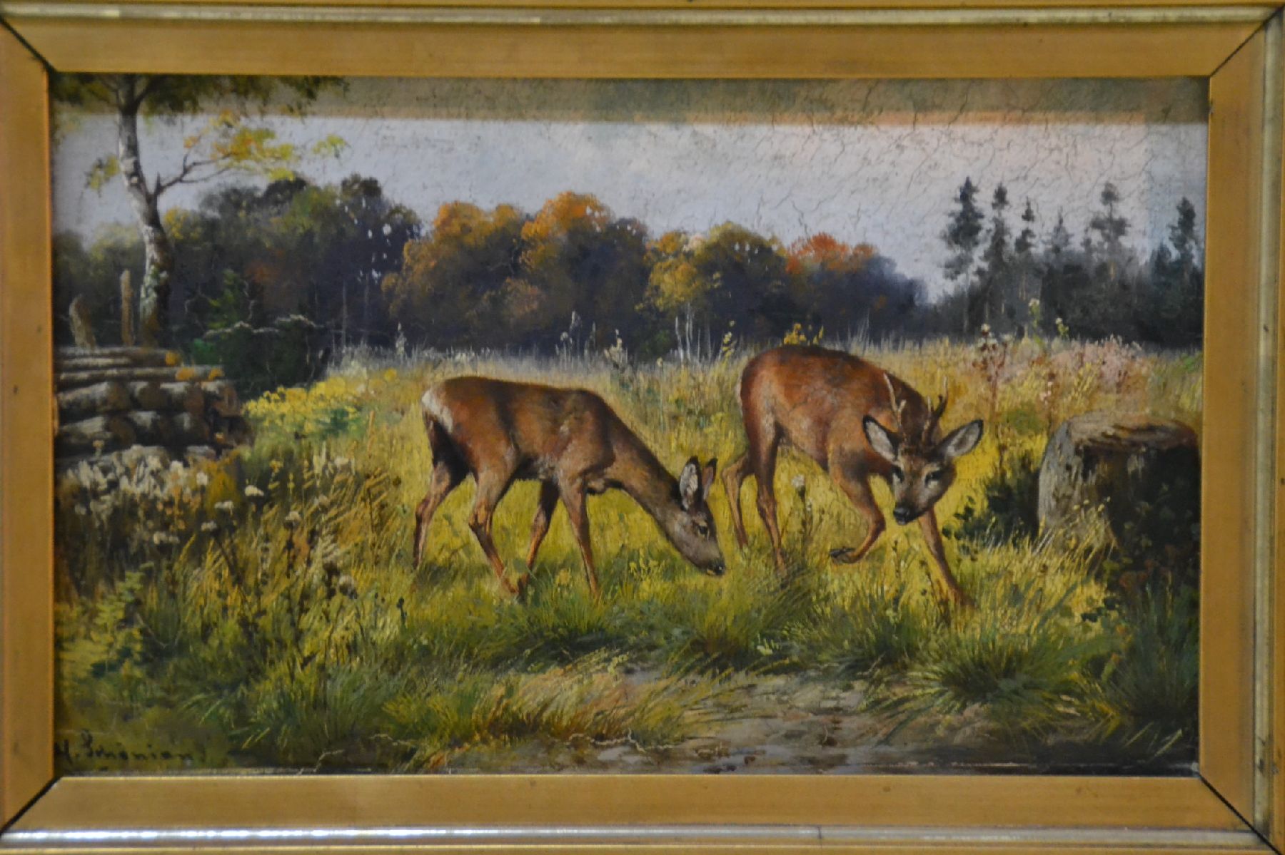 Detail e: Alfred Schönian, 1856 Frankfurt/Oder-1937 München, 2 Pendants: Rehe beim Äsen auf einer Lichtung, Röhrender Hirsch am Bachlauf, Öl/Holz, beide ...