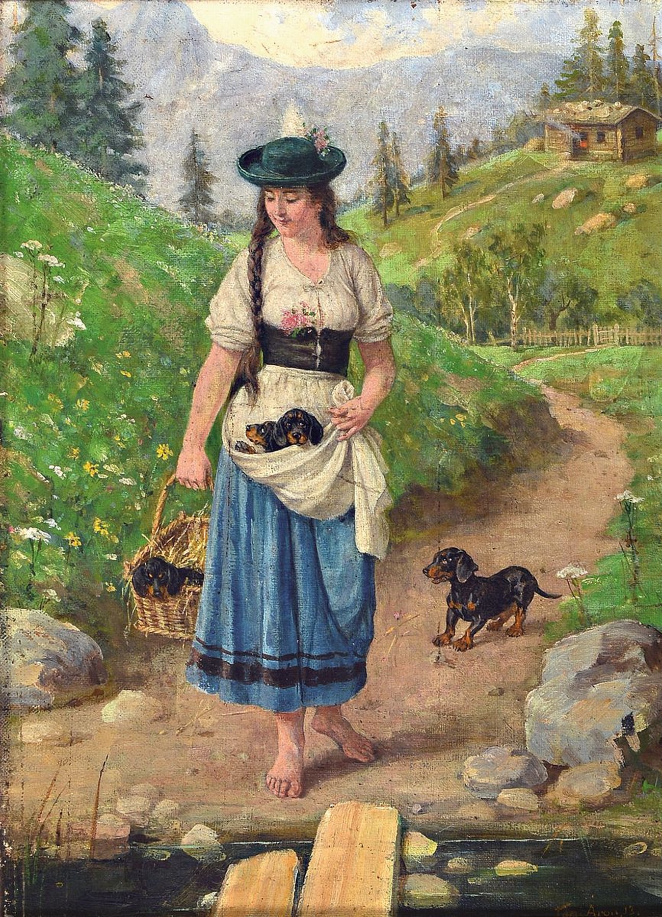 Toni Aron, 1859 Esseg/Kroatien-1920 Leipzig, Junge Frau mit Tracht in Gebirgslandschaft, neben ihr ein Dackel, im Korb und in der Schürze kleine ...