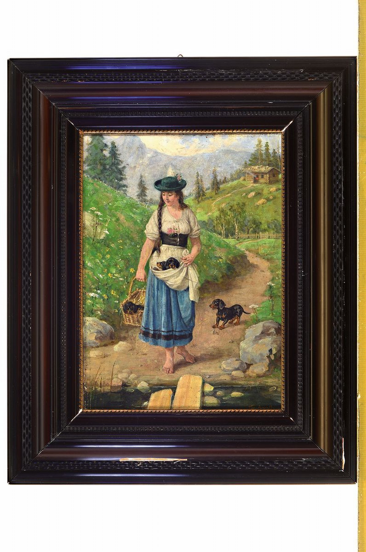 Detail k: Toni Aron, 1859 Esseg/Kroatien-1920 Leipzig, Junge Frau mit Tracht in Gebirgslandschaft, neben ihr ein Dackel, im Korb und in der Schürze kleine ...