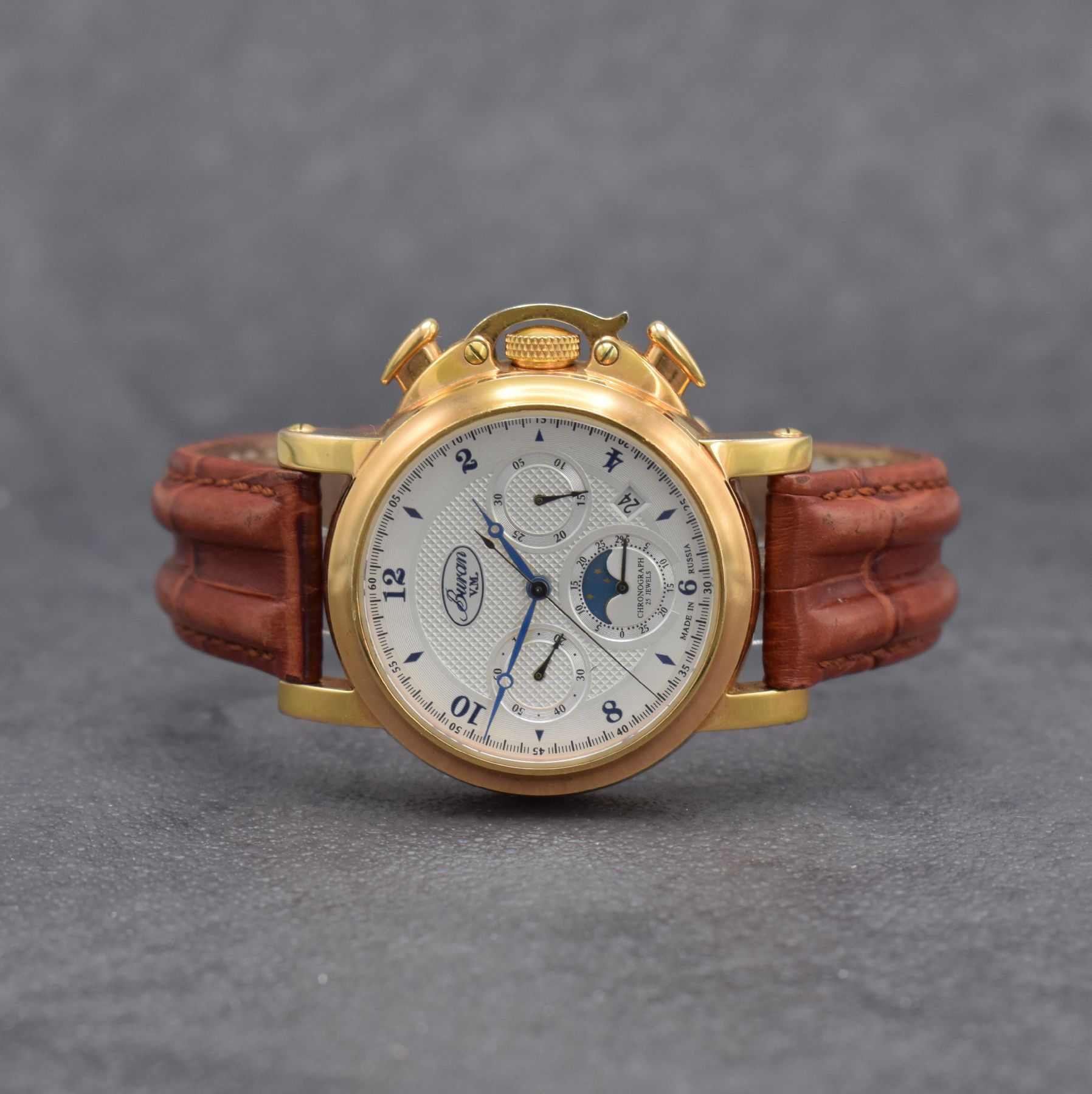 BURAN / POLJOT Aviator Herrenarmbanduhr mit Chronograph & Mondphase, Russland um 2007, Handaufzug, lim. Auflage v. 200 Stück, beids. vergl., verg. ...