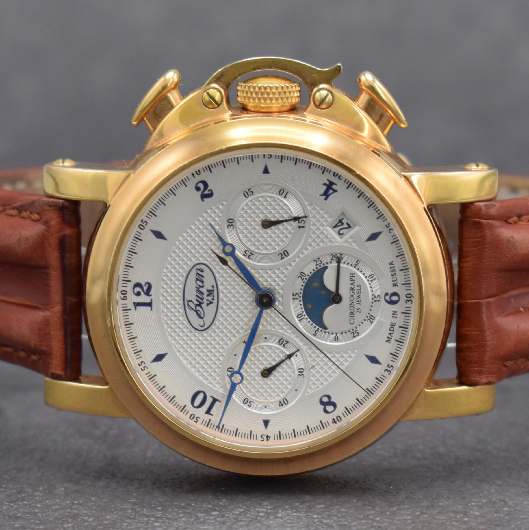 Detail a: BURAN / POLJOT Aviator Herrenarmbanduhr mit Chronograph & Mondphase, Russland um 2007, Handaufzug, lim. Auflage v. 200 Stück, beids. vergl., verg. ...