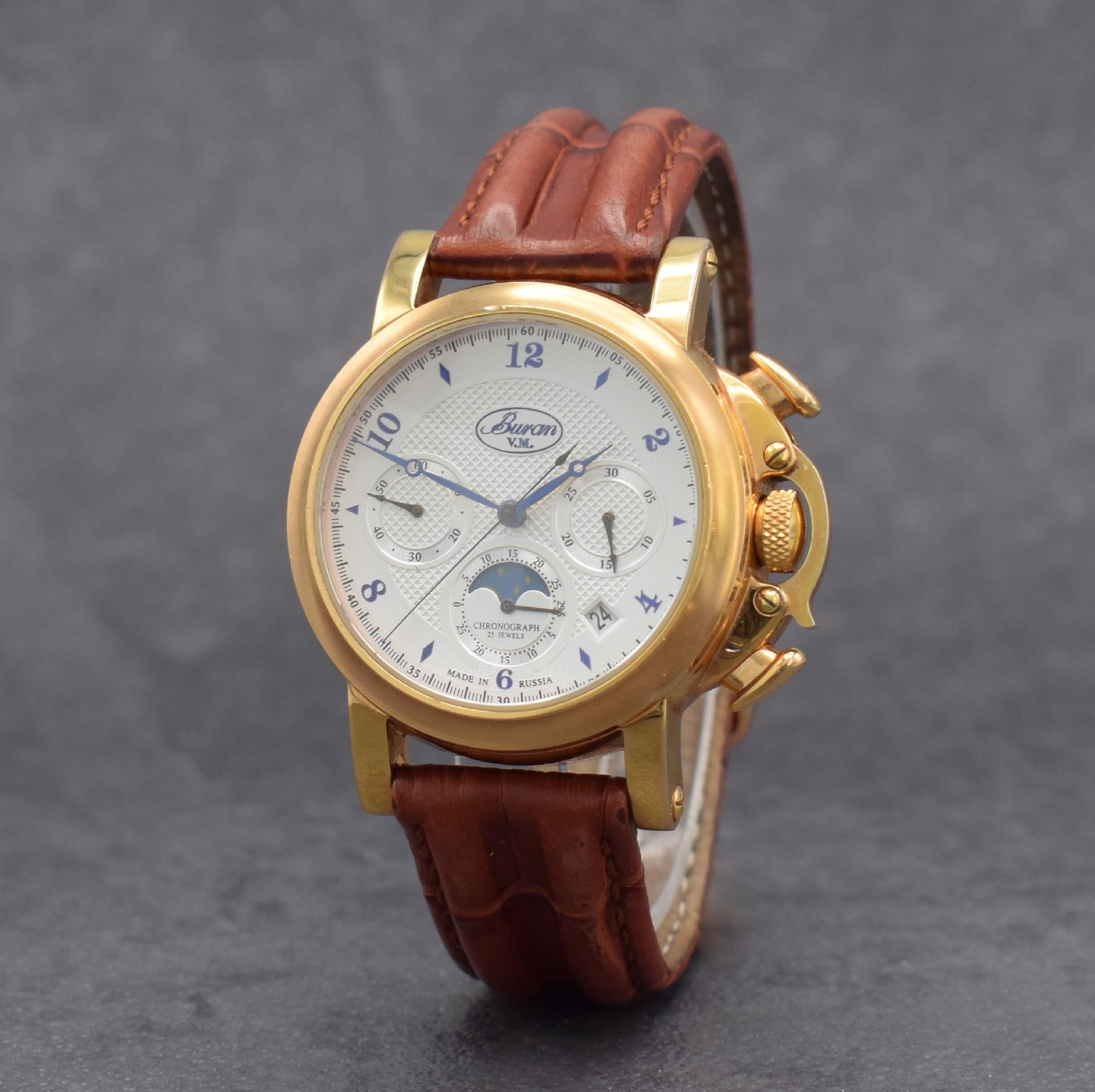 Detail b: BURAN / POLJOT Aviator Herrenarmbanduhr mit Chronograph & Mondphase, Russland um 2007, Handaufzug, lim. Auflage v. 200 Stück, beids. vergl., verg. ...
