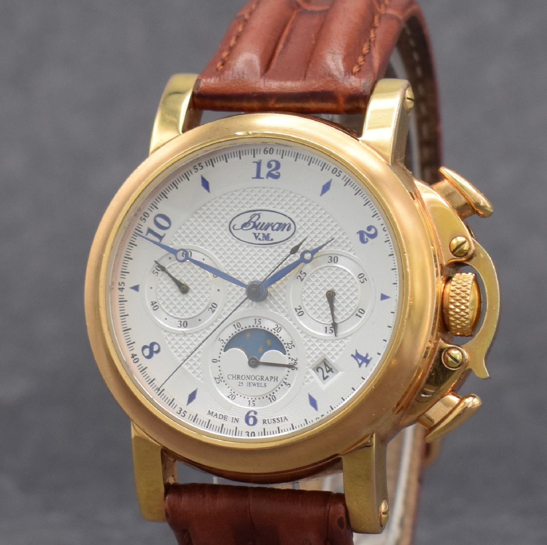 Detail c: BURAN / POLJOT Aviator Herrenarmbanduhr mit Chronograph & Mondphase, Russland um 2007, Handaufzug, lim. Auflage v. 200 Stück, beids. vergl., verg. ...