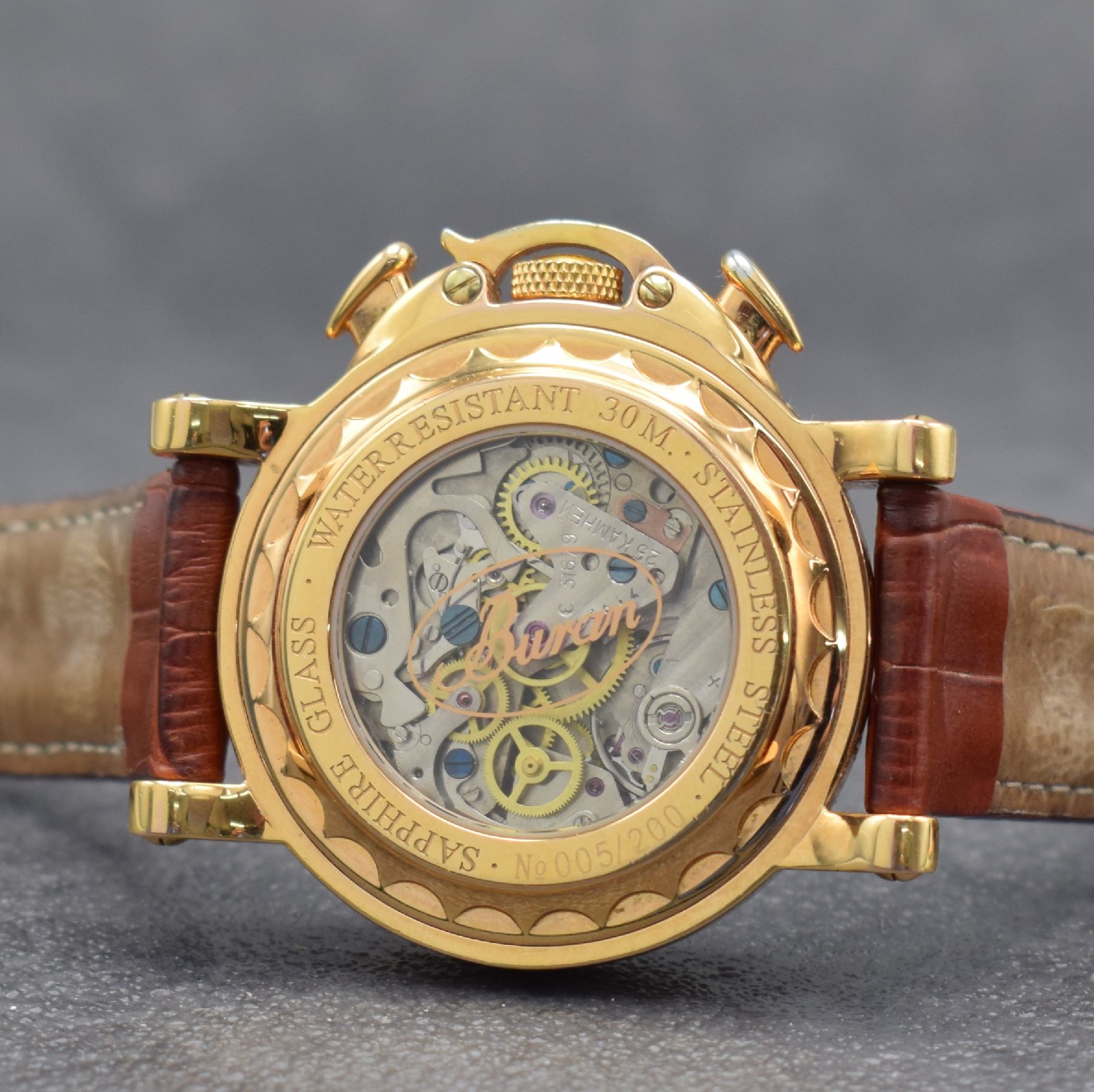 Detail f: BURAN / POLJOT Aviator Herrenarmbanduhr mit Chronograph & Mondphase, Russland um 2007, Handaufzug, lim. Auflage v. 200 Stück, beids. vergl., verg. ...