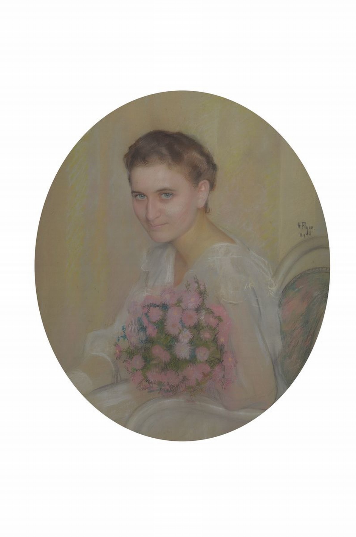 Hugo Figge von Grabow, 1881 - 1956 Berlin, jungen Frau mit Blumen, Pastell auf Papier, sehr feine Stofflichkeit, transparente duftige Darstellung des ...