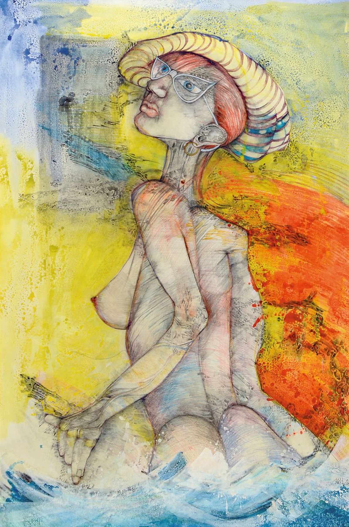 Held , zeitgenössischer Künstler, Mischtechnik auf Papier, surrealisierender Frauen-Akt, Signalfarbigkeit rechts unten signiert, ca. 90x60 cm, ...