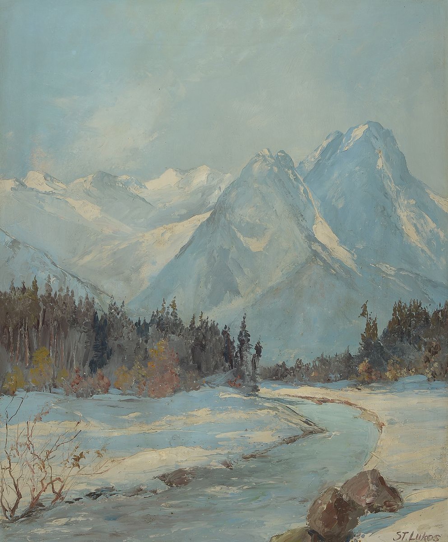 St. Lukas, deutscher Künstler des 20.Jh., Winterlandschaft, Blick auf die Waxensteine im Wettersteingebirge nahe Garmisch- Partenkirchen, ...