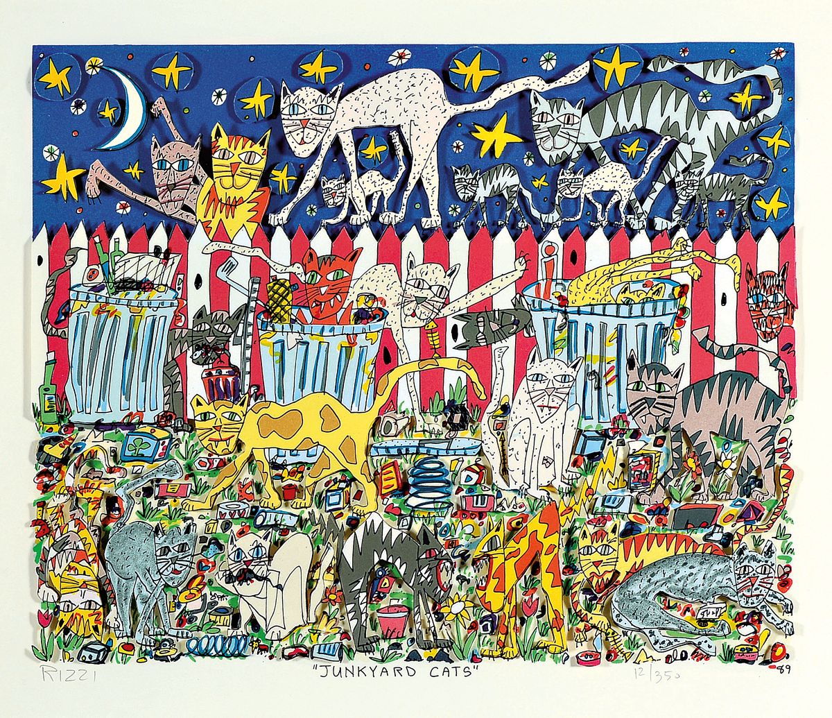 James Rizzi, 1950-2011, "JUNKYARD CATS", 3D-Konstruktion, handsign., num. 12/350, dat. 89, unter Glas gerahmt, gesamt ca. 59x62 cm