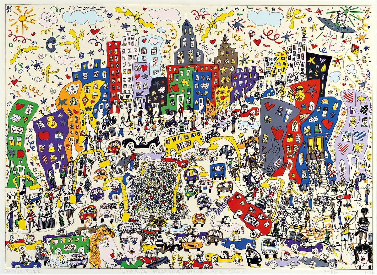 James Rizzi, 1950-2011, "Eastside, Westside, uptown, and down", Lithografie, handsign., num. 26/150, dat. 1978, unter Glas gerahmt, ca. ...