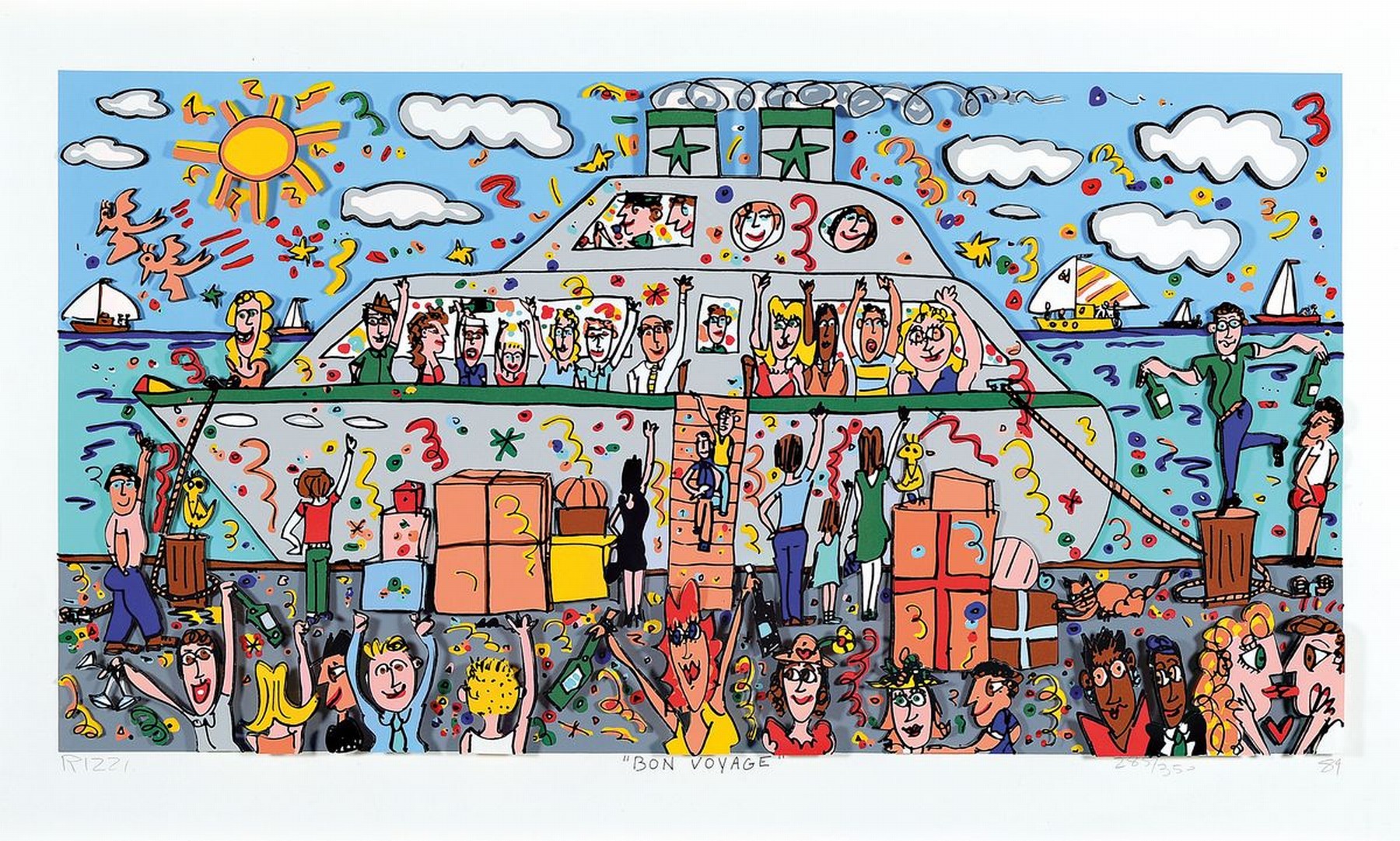 James Rizzi, geb. 1950-2011, "BON VOYAGE", 3D-Konstruktion, handsign., num. 285/350, dat.89, unter Glas gerahmt, gesamt ca. 64x94 cm