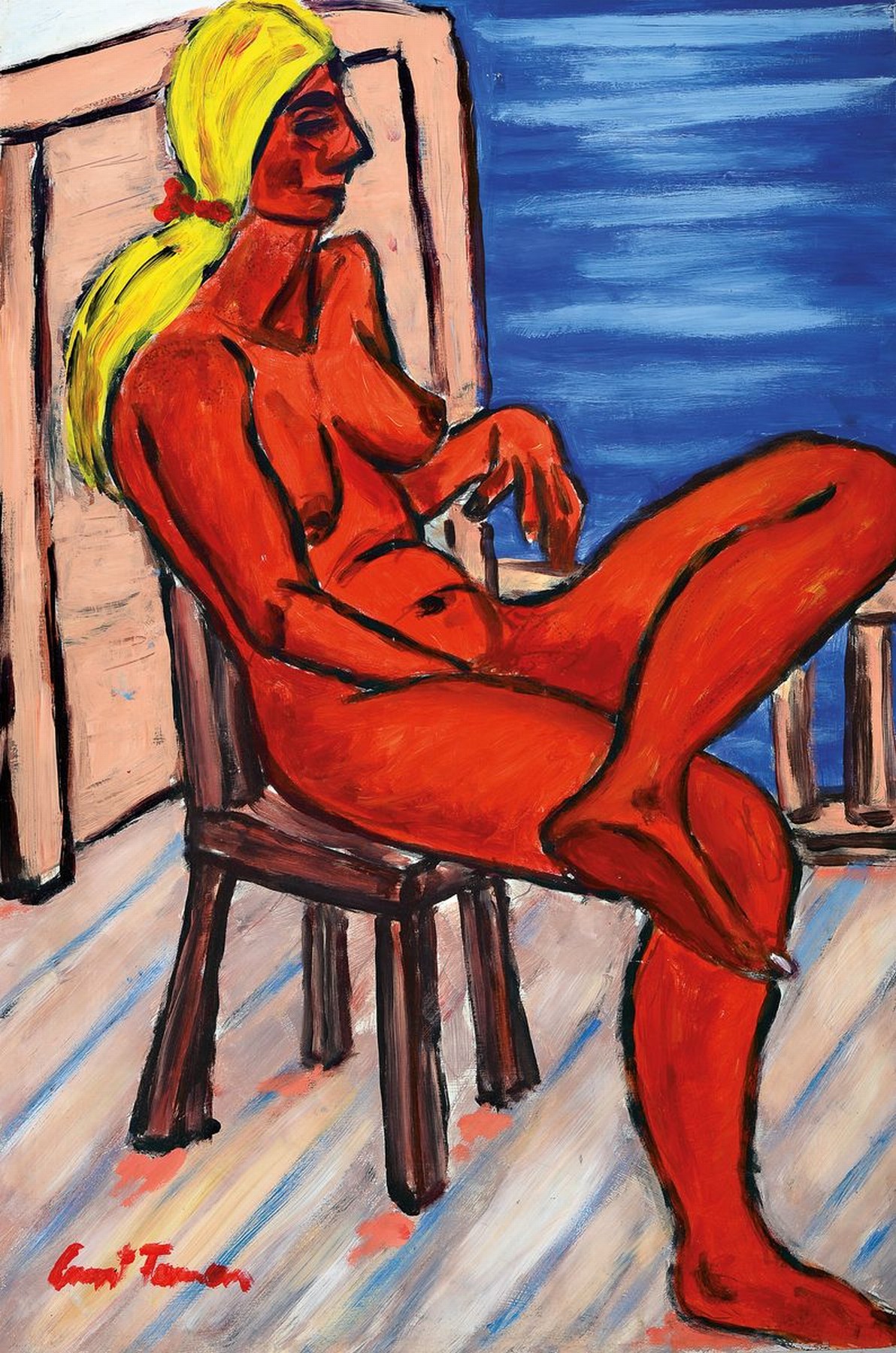 Ernst Fermen, geb. 1947 Hochneukirchen, expressionistischer Frauenakt auf rotem Grund,verso bez. "Sonnen auf dem Bootsdeck", Acryl/Lwd, ...
