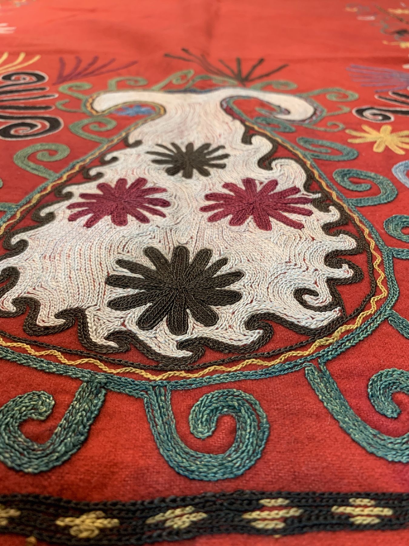 Detail c: Lakai Pferdedecke, Uzbekistan, um 1900, Seidenstickerei auf Filz, ca. 173 x 120 cm, EHZ: 2(Fleckig)