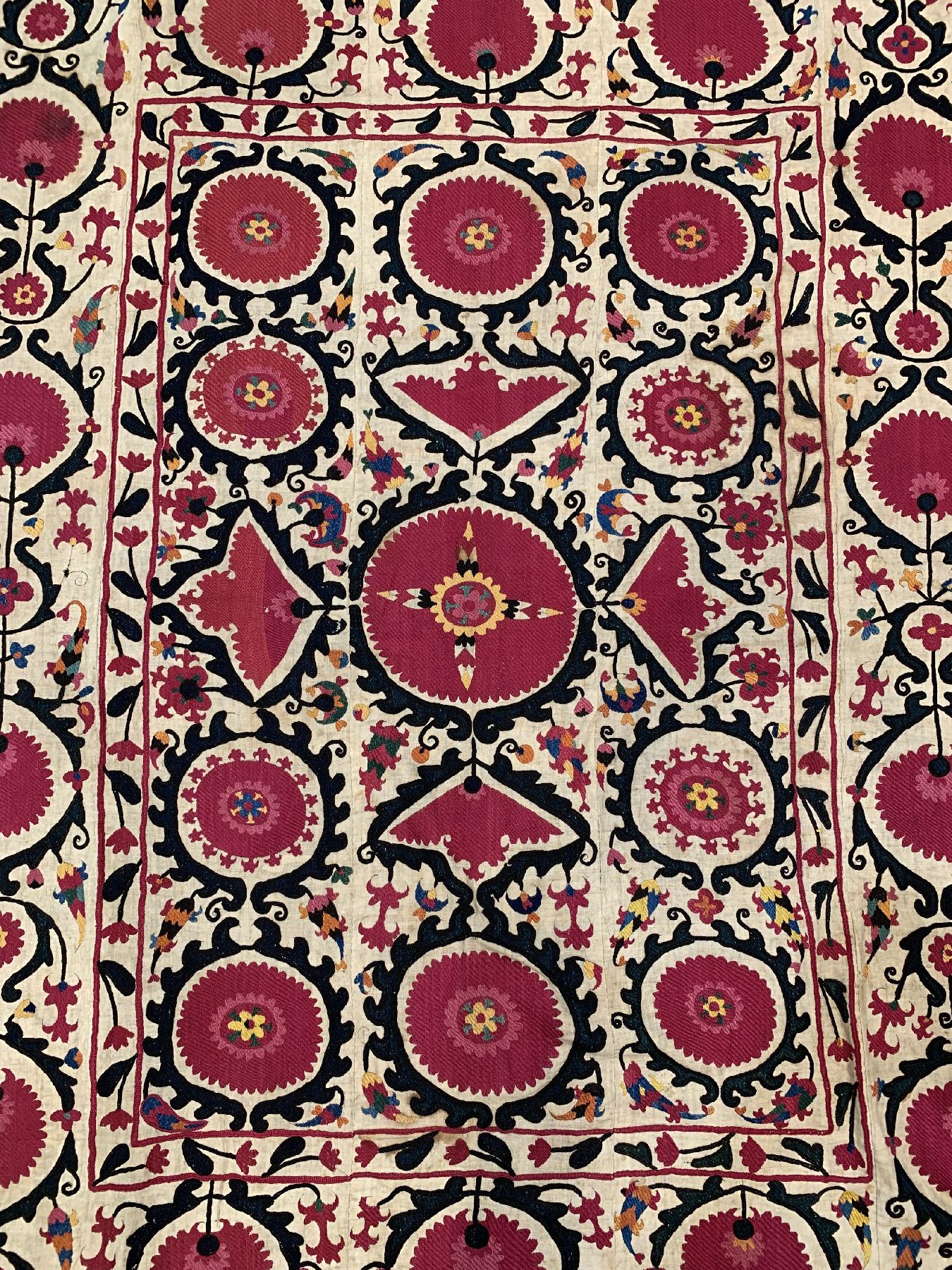 Detail a: Buchara Susani antik, Uzbekistan, um 1900, Seidenstickerei auf Baumwollgewebe. ca. 250 x 160 cm, EHZ:2-3, aufwändige Handarbeit.