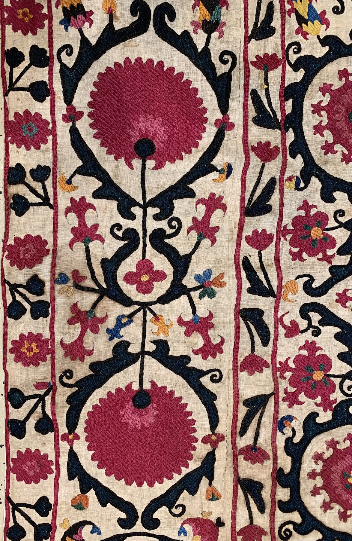 Detail b: Buchara Susani antik, Uzbekistan, um 1900, Seidenstickerei auf Baumwollgewebe. ca. 250 x 160 cm, EHZ:2-3, aufwändige Handarbeit.