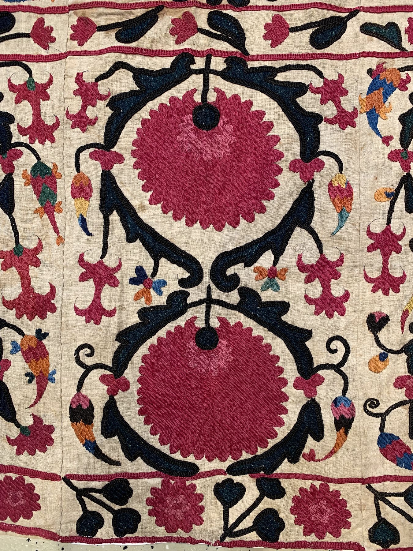 Detail c: Buchara Susani antik, Uzbekistan, um 1900, Seidenstickerei auf Baumwollgewebe. ca. 250 x 160 cm, EHZ:2-3, aufwändige Handarbeit.