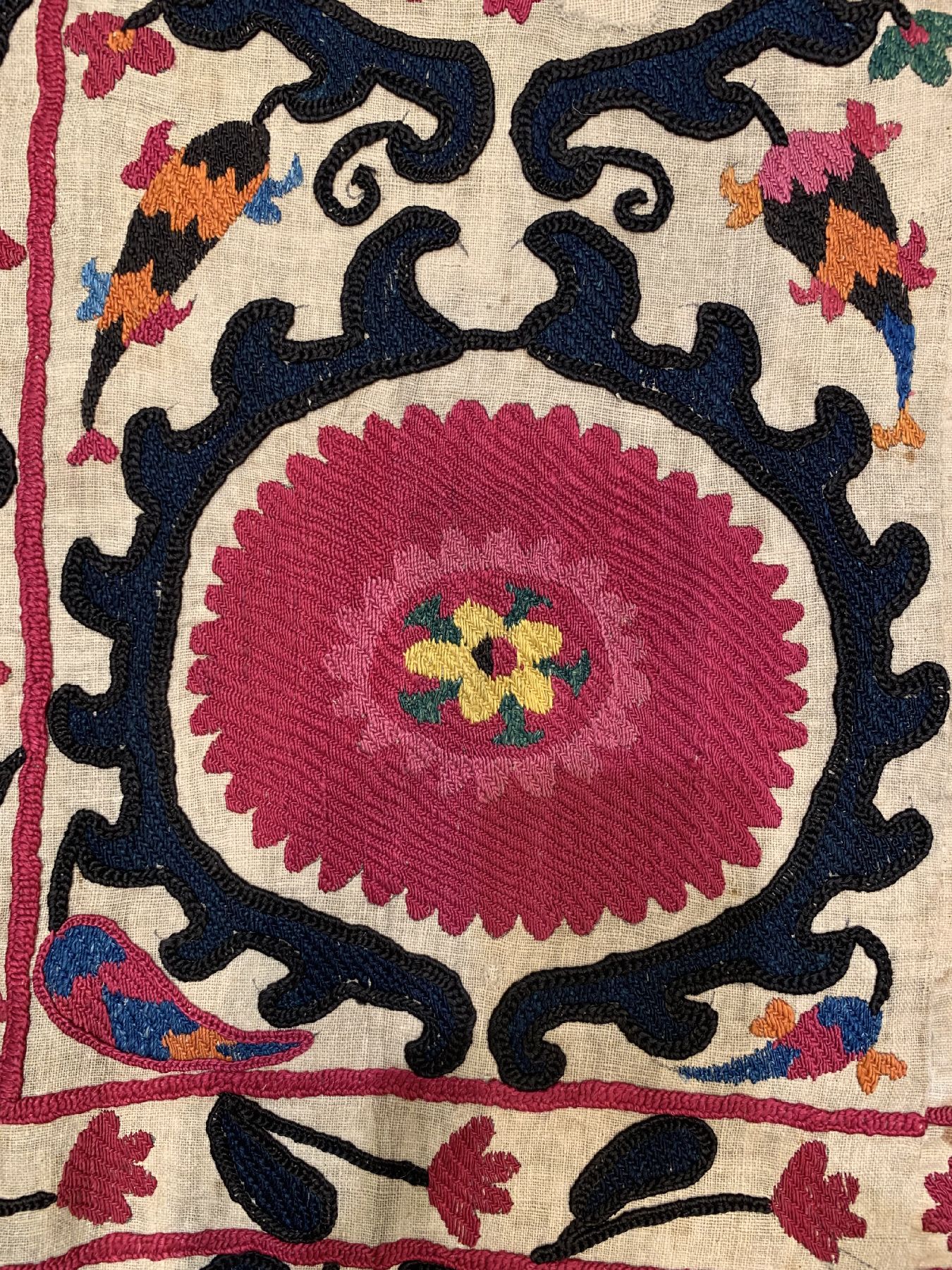 Detail d: Buchara Susani antik, Uzbekistan, um 1900, Seidenstickerei auf Baumwollgewebe. ca. 250 x 160 cm, EHZ:2-3, aufwändige Handarbeit.