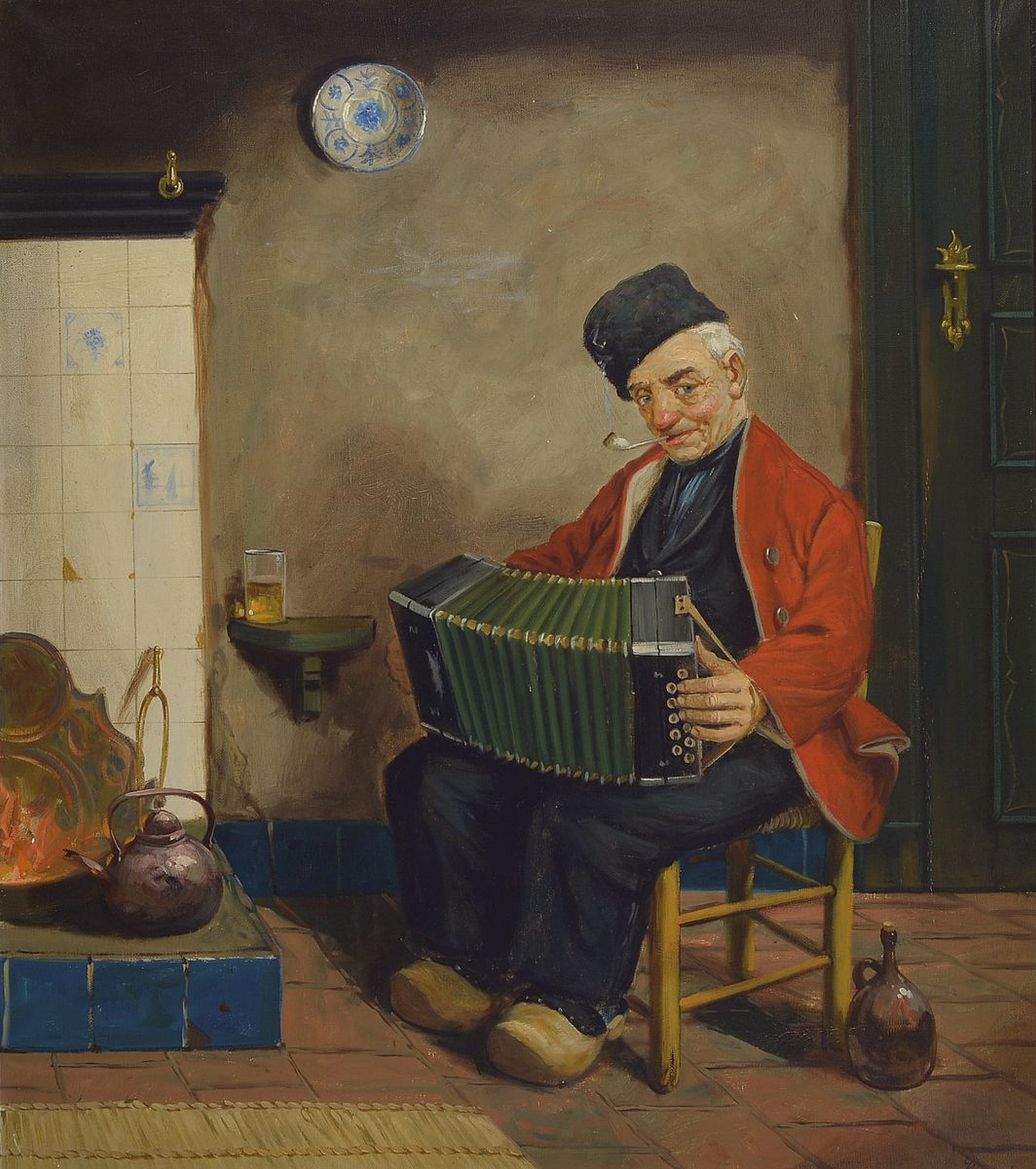 Hans Fenger, 1900-1980, holländisches Kücheninterieur mit Akkordeon spielendem Mann, Öl/Lwd, rechts unten signiert, ca. 80x70cm, R. ca. 98x88cm
