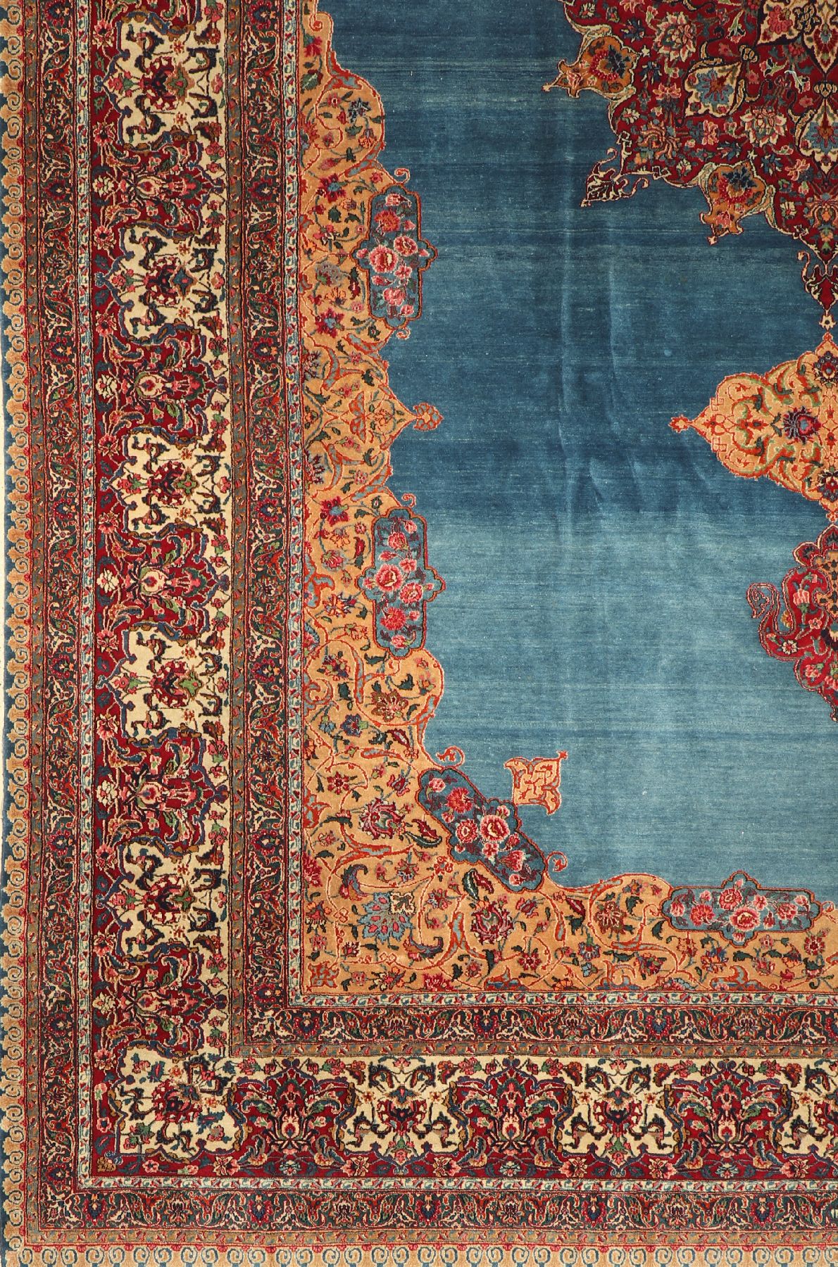Detail d: Antiker Yazd Palastteppich, Persien, um 1910, Wolle geknüpft auf Baumwolle, seltener Palastteppich mit Spiegel Muster und sogenanntem Darbari ...