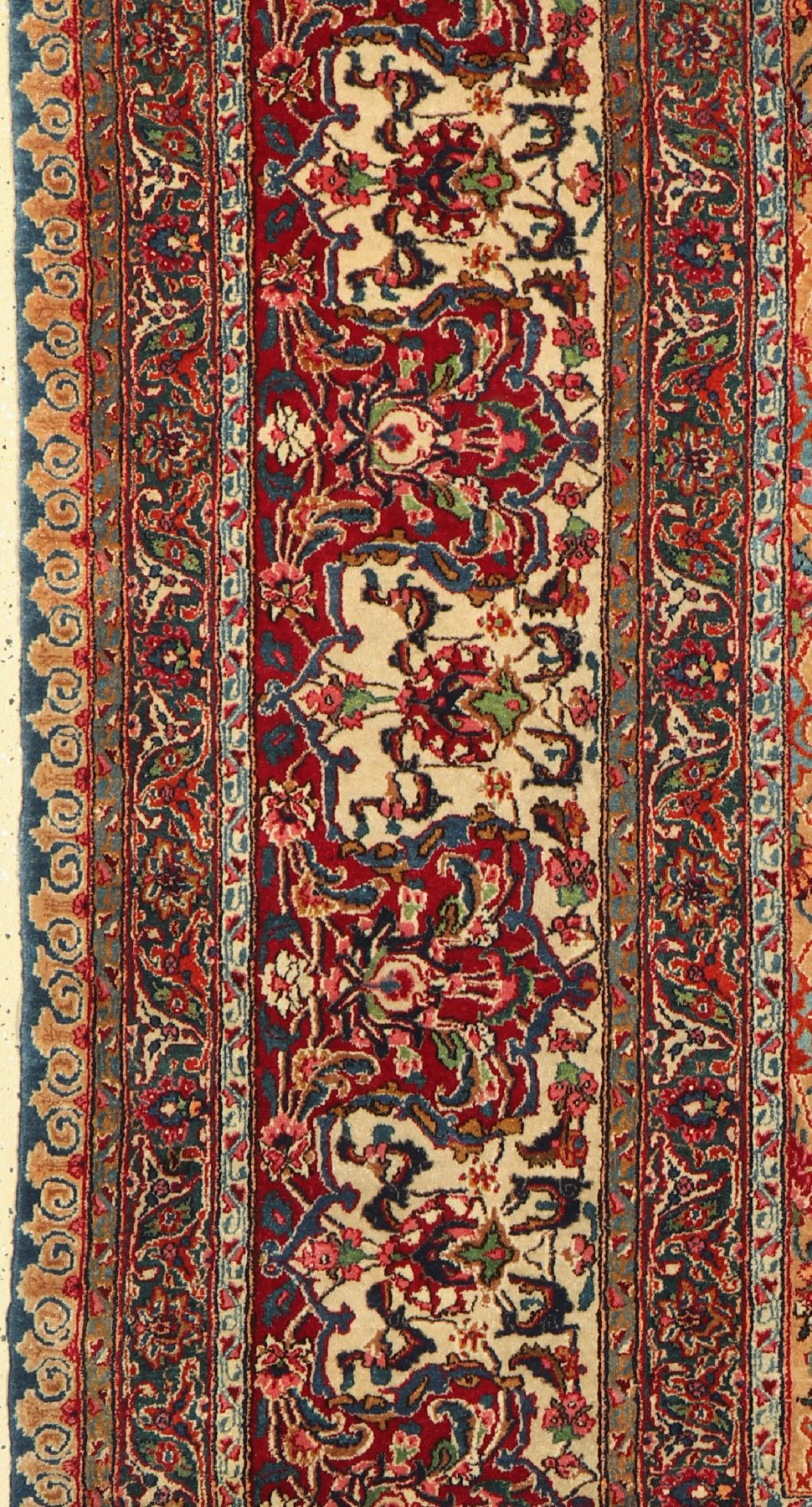 Detail e: Antiker Yazd Palastteppich, Persien, um 1910, Wolle geknüpft auf Baumwolle, seltener Palastteppich mit Spiegel Muster und sogenanntem Darbari ...