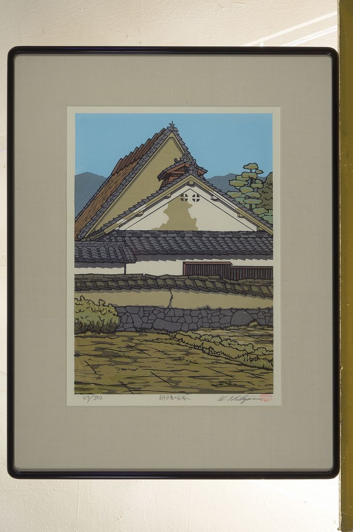Detail k: Ungedeuteter japanischer Künstler des 20.Jh. , Farblinolschnitt, Blick auf die Giebelseite eines japanischen Tempelgebäudes, Ed. 319/800, bez. u. ...