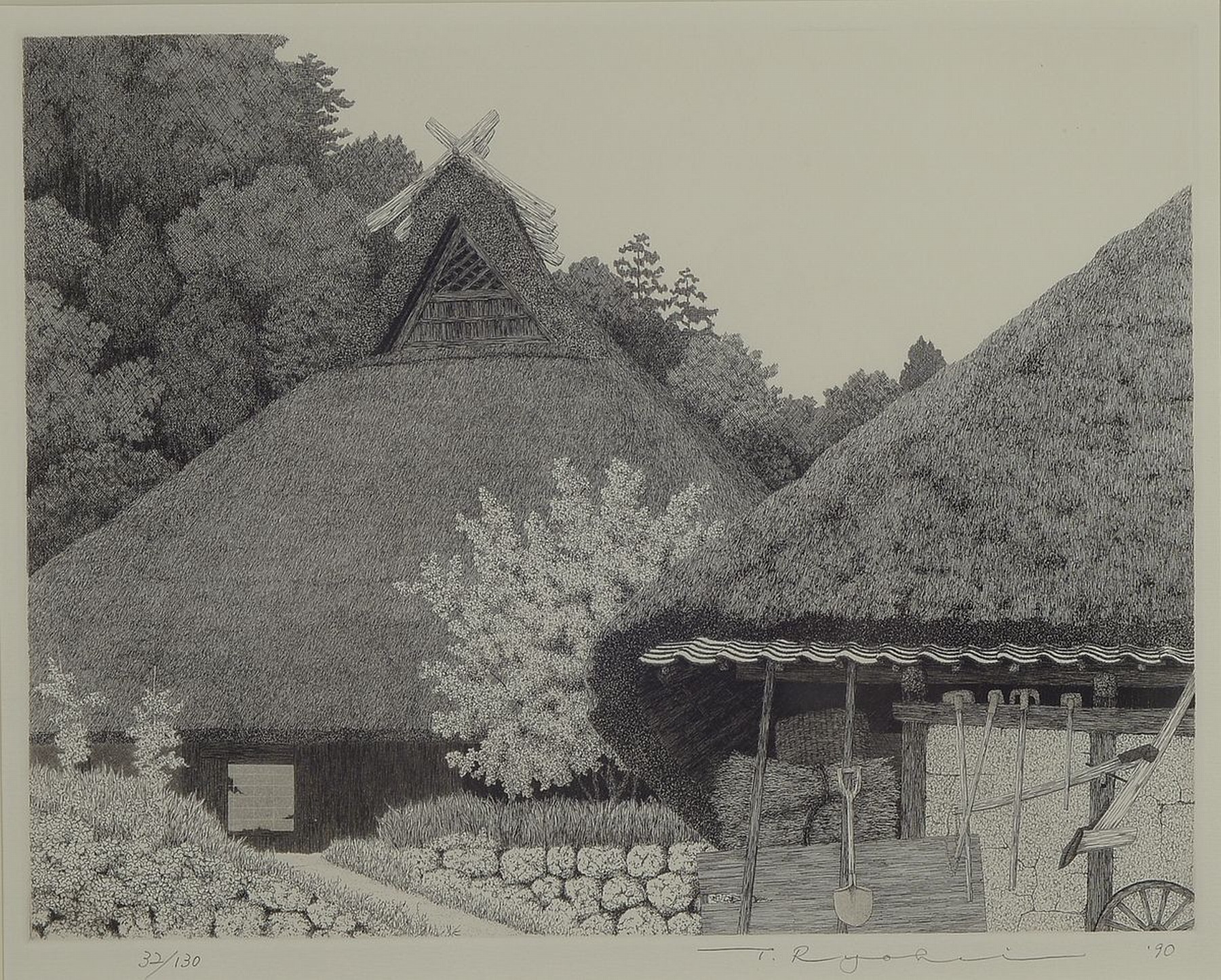 T. Ryukiu, japanischer Künstler des 20.Jh., Radierung, Darstellung eines japanischen Bauernhauses mit Riedgras- bzw. Schilf gedecktem Walmdach, ...