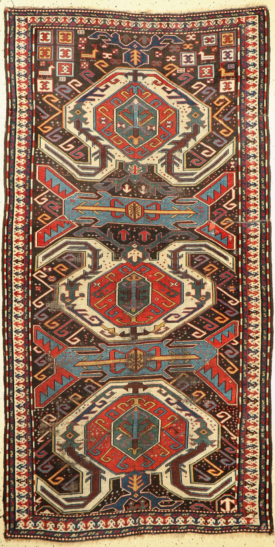Lenkoran Kazak antik, Kaukasus, 19 Jhd., Wolle geknüpft auf Wolle mit Lenkoran Palmetten, ca, 250 x 130 cm, EHZ:3-4
