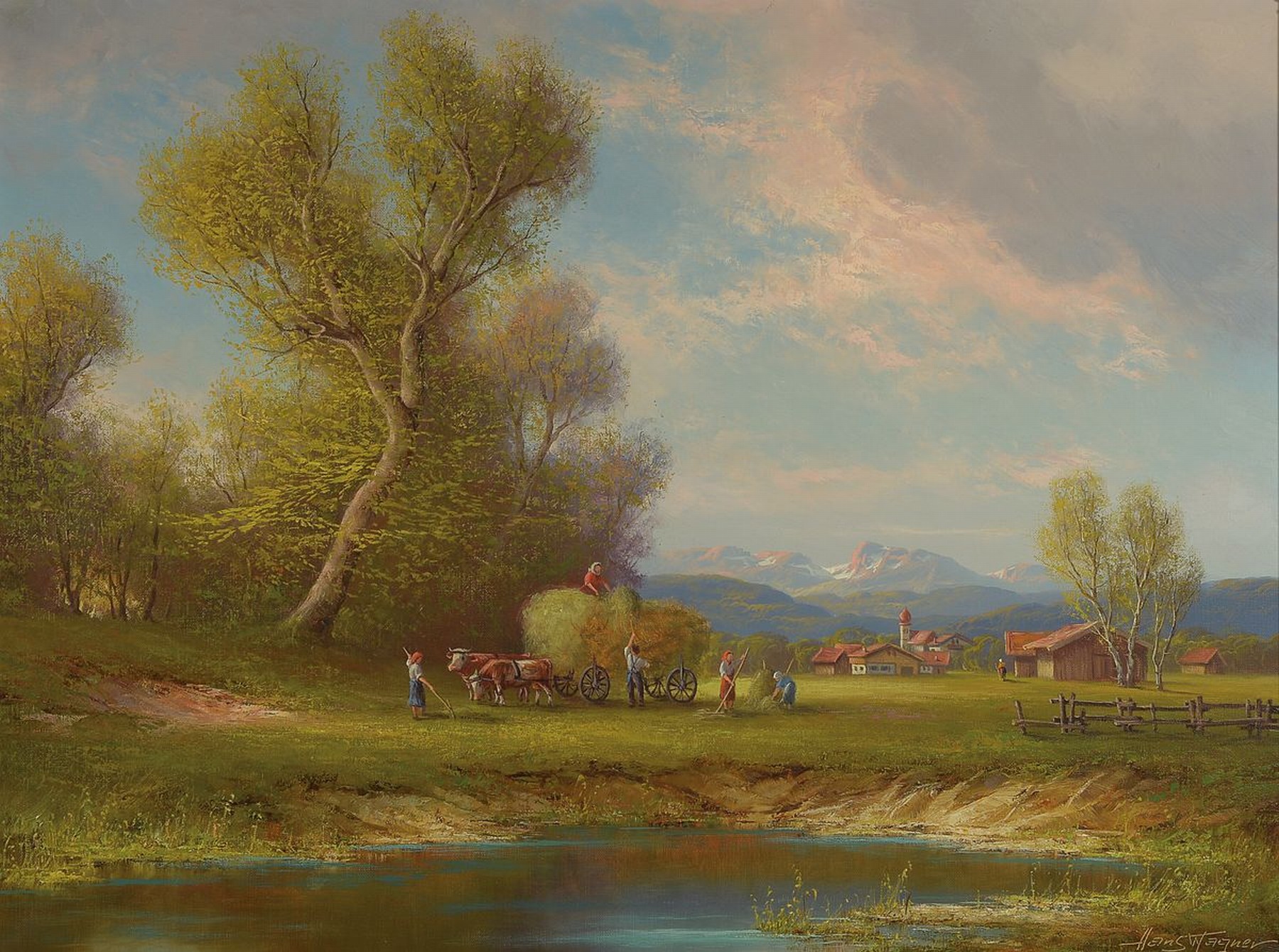 Hans Wagner, 1902-1980 München, Voralpenlandschaft mit Bauern bei der Heuernte, Öl/Lwd, rechts unten signiert, ca. 60x80cm, R. ca. 73x93cm