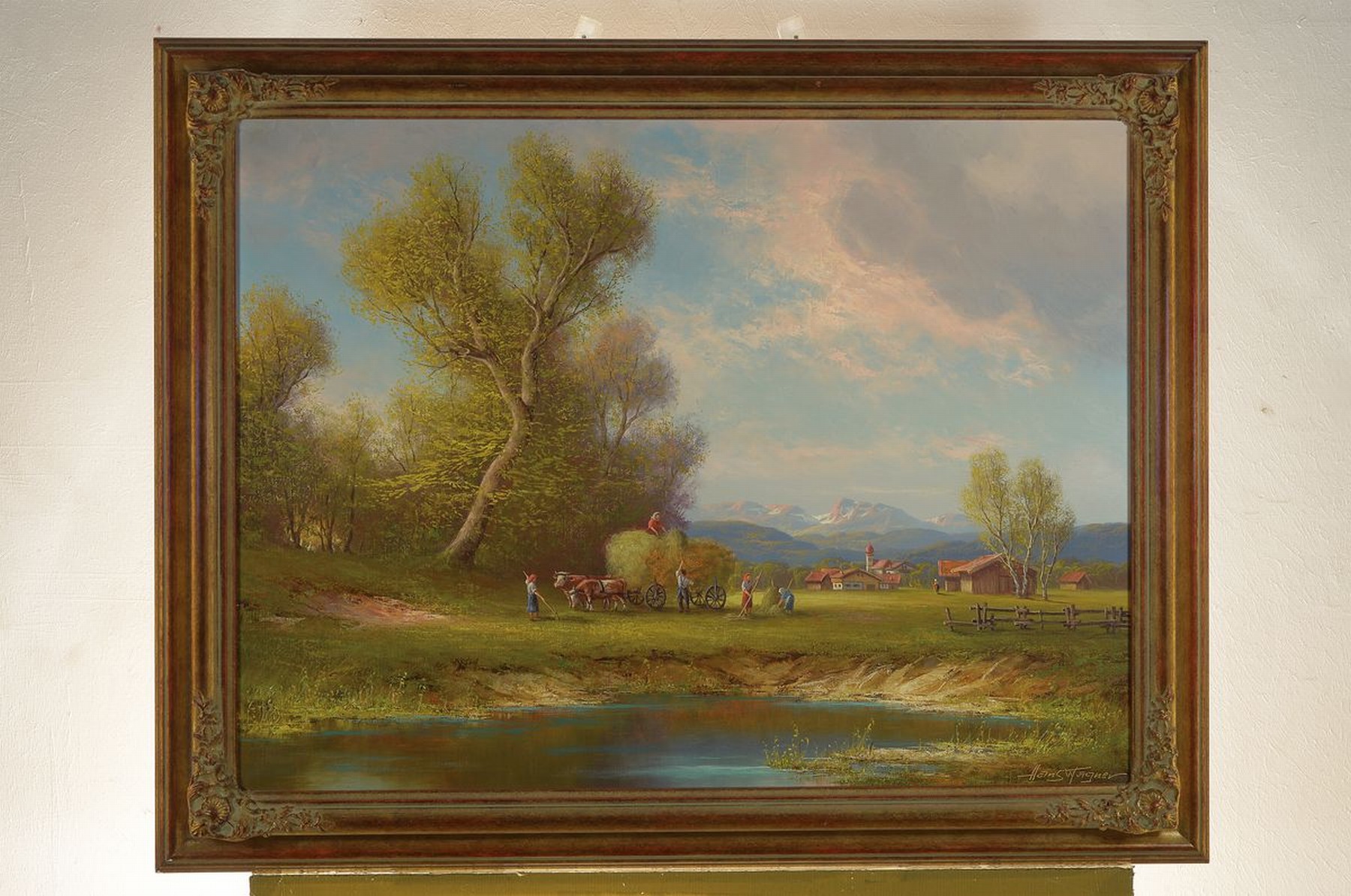 Detail k: Hans Wagner, 1902-1980 München, Voralpenlandschaft mit Bauern bei der Heuernte, Öl/Lwd, rechts unten signiert, ca. 60x80cm, R. ca. 73x93cm