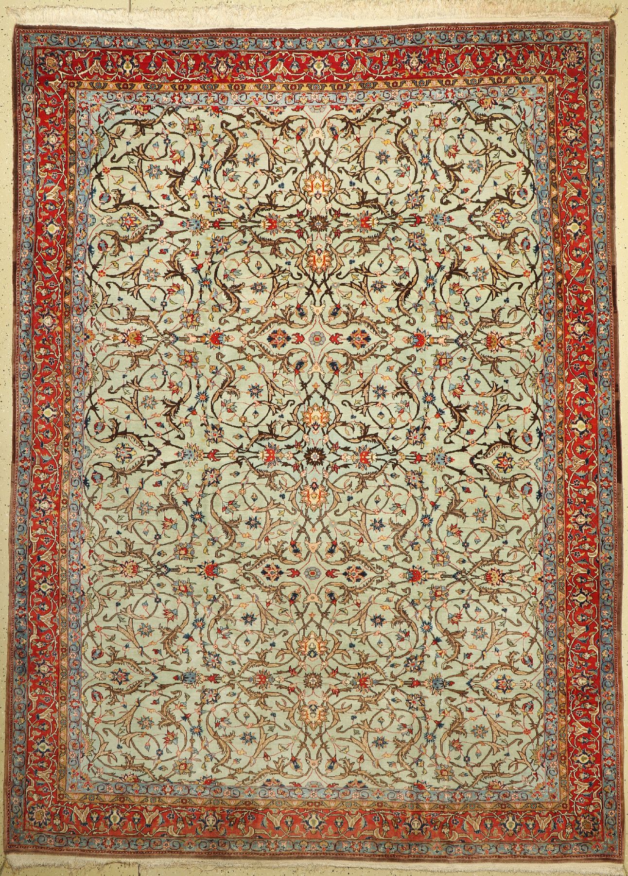 Grüngrundiger feiner Ghom Kork, Persien, um 1930/1940, Korkwolle geknüpft auf Baumwolle ca. 318 x 234 cm, EHZ:2 (Sehr guter Zustand)