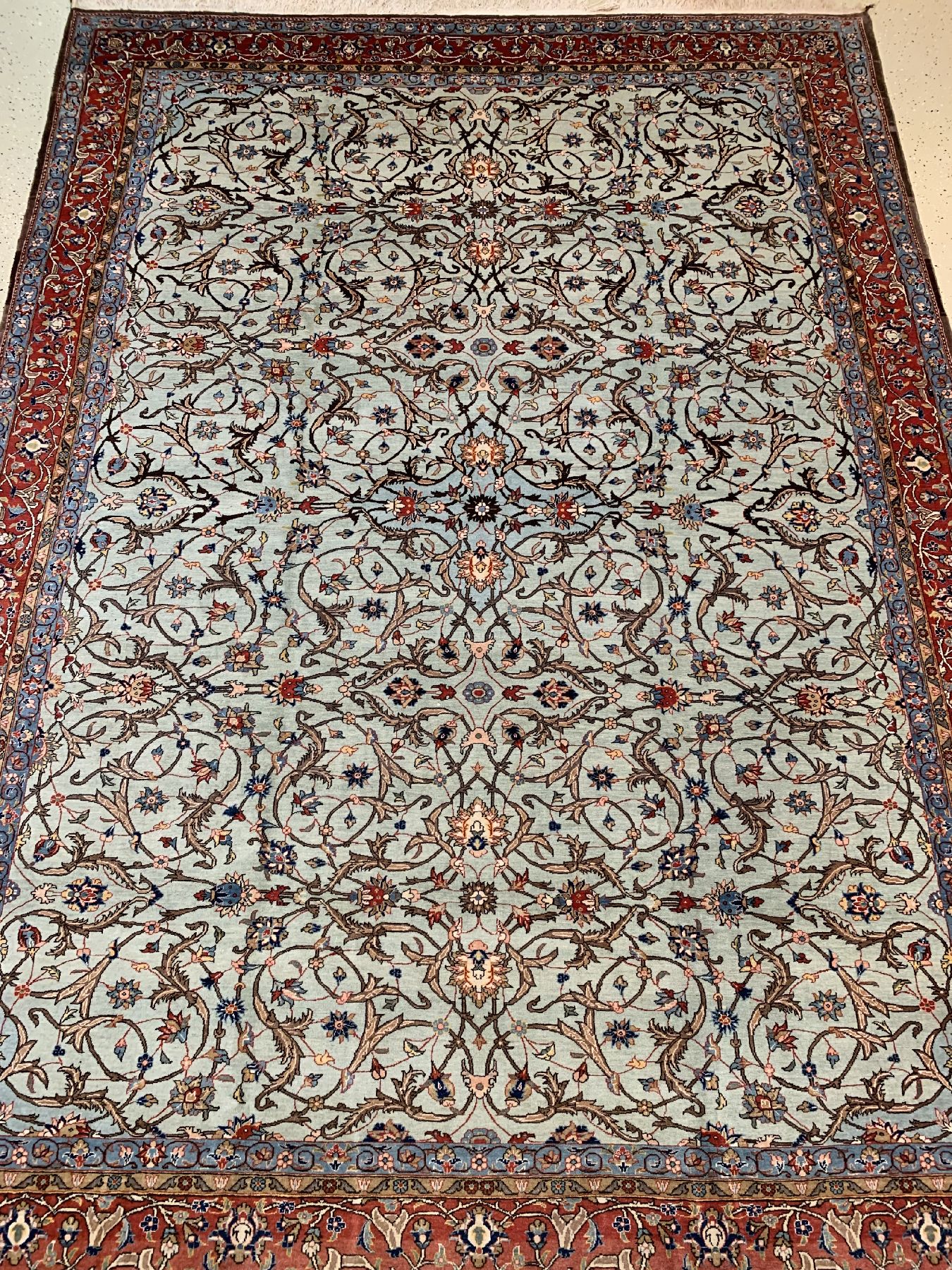 Detail a: Grüngrundiger feiner Ghom Kork, Persien, um 1930/1940, Korkwolle geknüpft auf Baumwolle ca. 318 x 234 cm, EHZ:2 (Sehr guter Zustand)