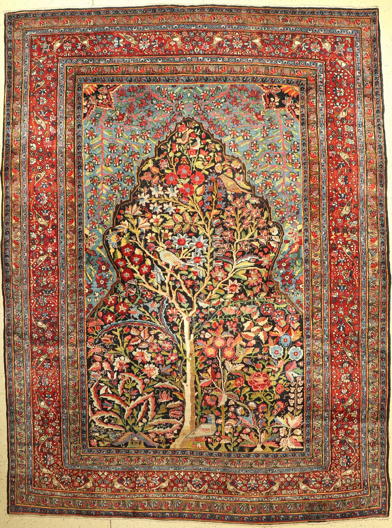 Antiker Semnan (Lebensbaum), Persien, um 1900, Wolle geknüpft auf Baumwolle, seltenes großformatiges Lebensbaummotiv, ca. 375 x 278 cm, ...
