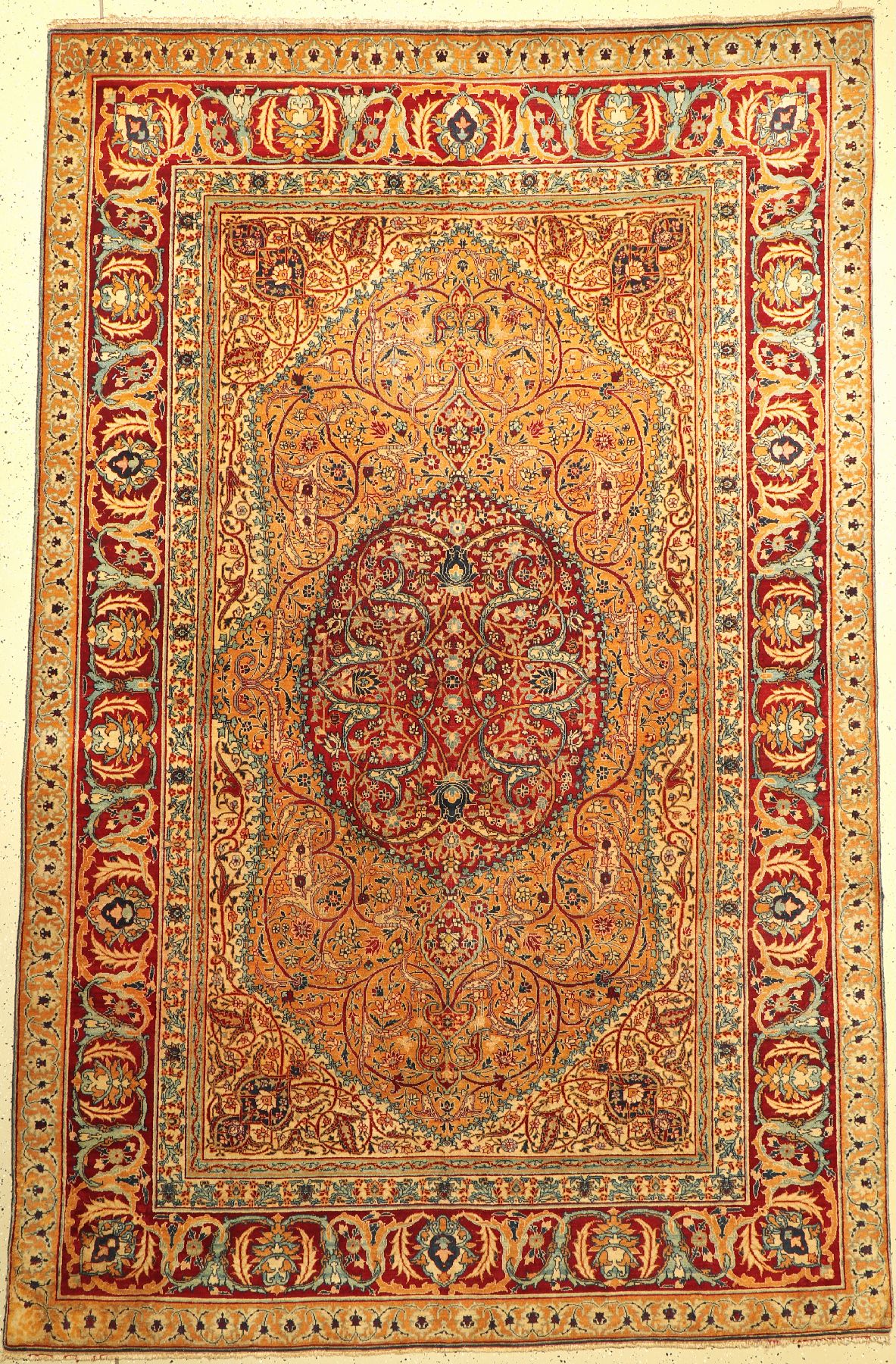 Antiker feiner Agra, Nordindien, um 1900, Korkwolle geknüpft auf Baumwolle, ca. 295 x 196 cm, EHZ:3(Altersbedingt guter Zustand)