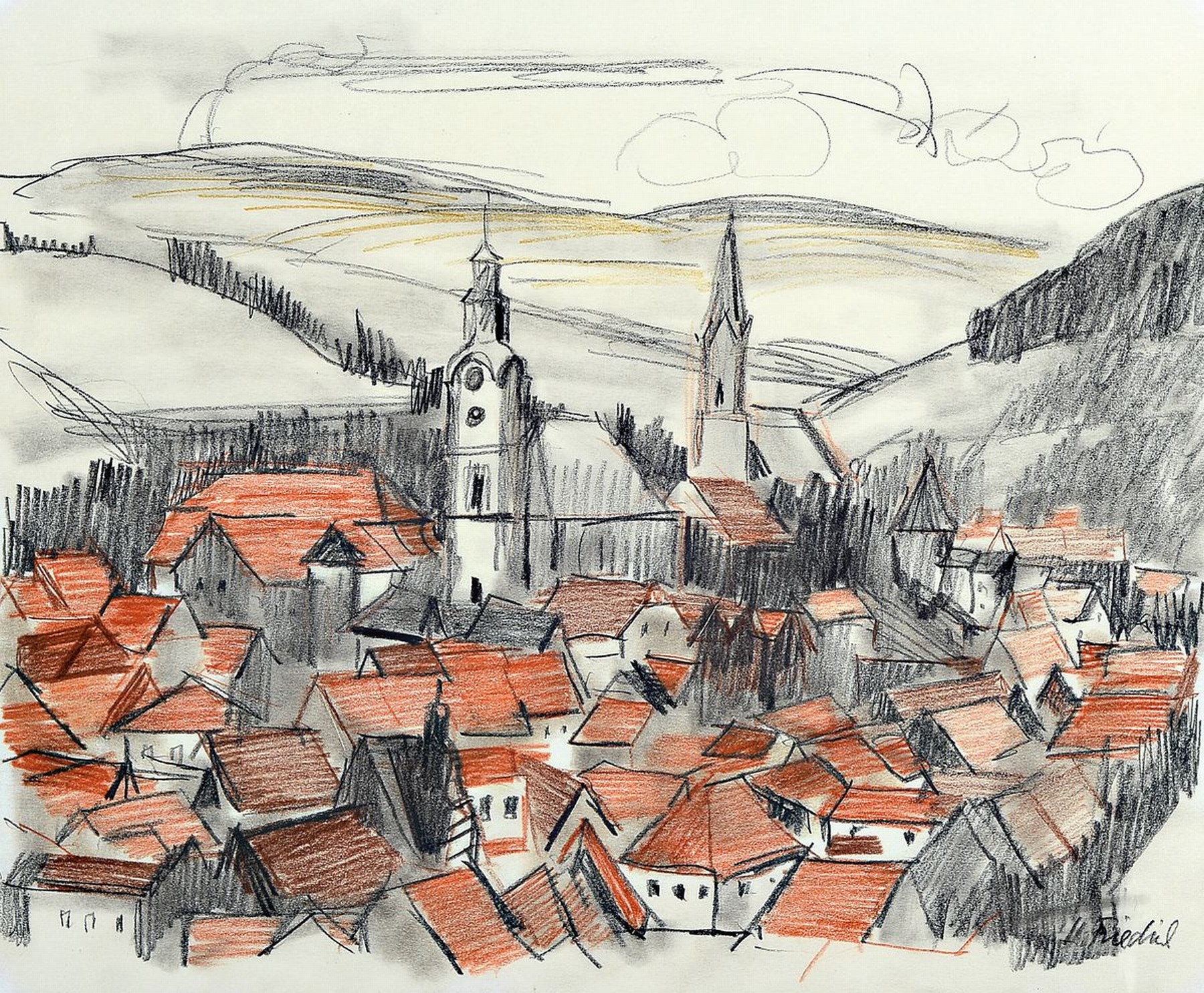 Heinz Friedrich, 1924-2018 Schwetzingen, Ansicht von Obermoschel, Buntstiftzeichnung, sign., ca. 30x36cm, u.Gl., R. ca. 44x54cm