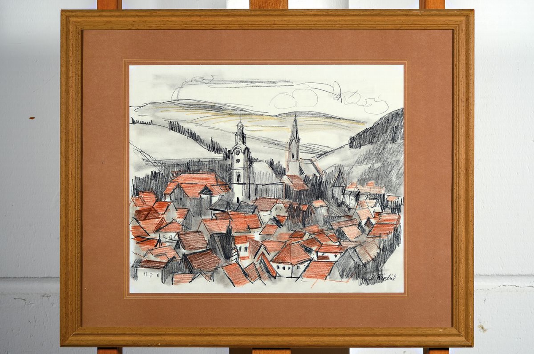 Detail k: Heinz Friedrich, 1924-2018 Schwetzingen, Ansicht von Obermoschel, Buntstiftzeichnung, sign., ca. 30x36cm, u.Gl., R. ca. 44x54cm