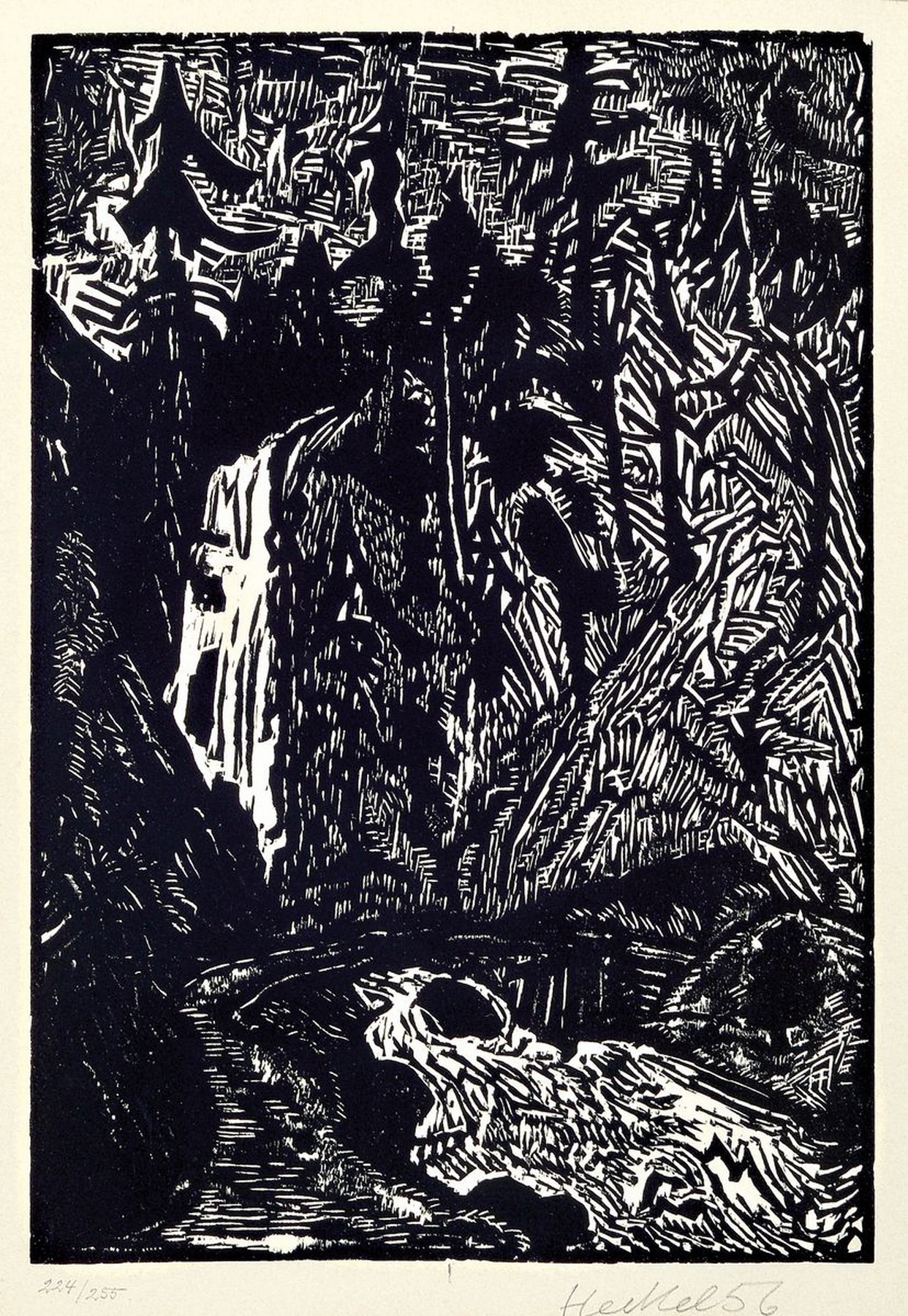 Erich Heckel, 1883-1970, Sturzbach, Holzschnitt, handsigniert und dat. 56, num. 224/255, ca. 37x25cm, u.Gl., R. ca. 56x41cm