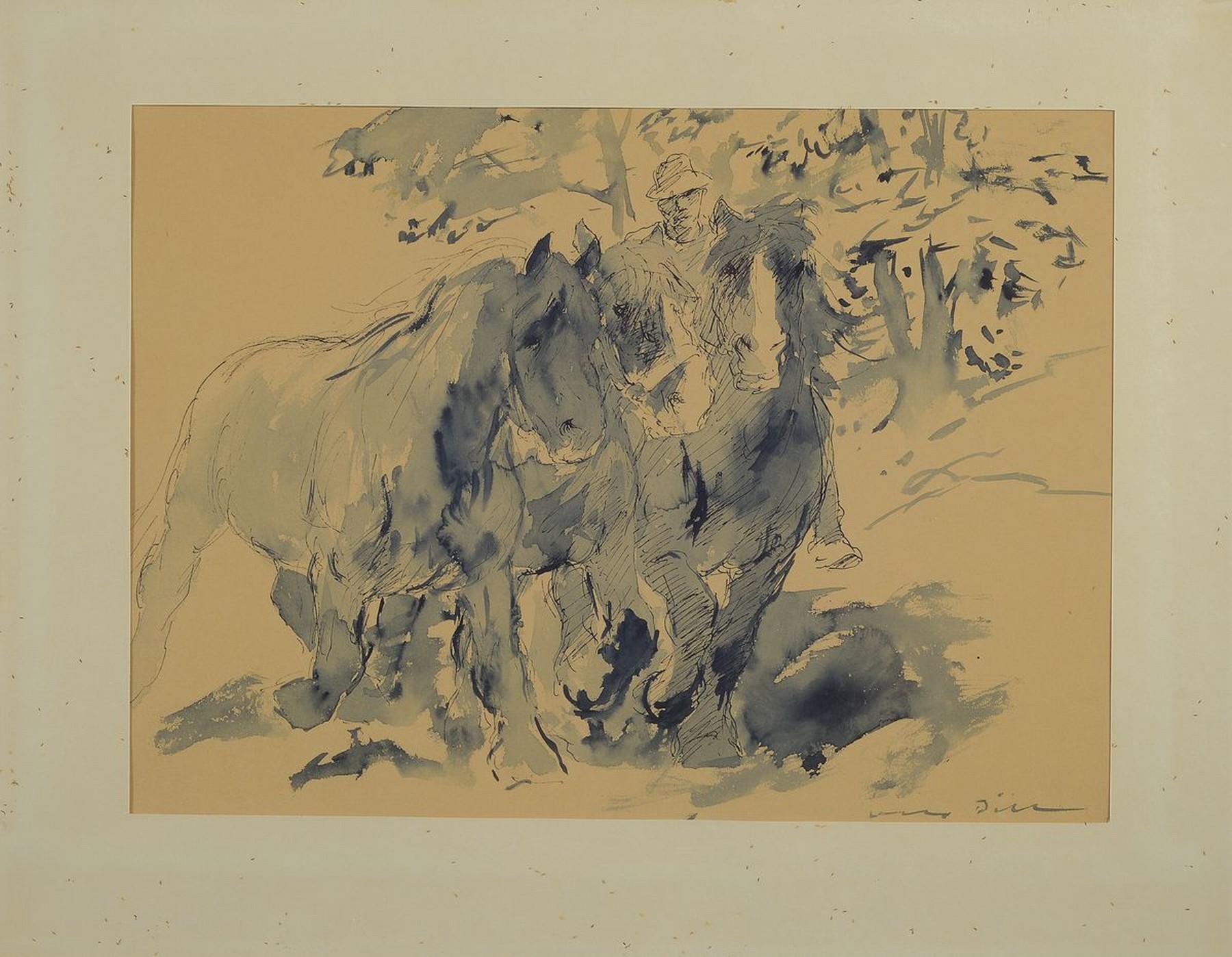 Otto Dill, 1884 Neustadt-1957 Bad Dürkheim, Bauer mit drei Pferden, aquarellierte Tuschfederzeichnung auf Papier, rechts unten signiert, ca. ...
