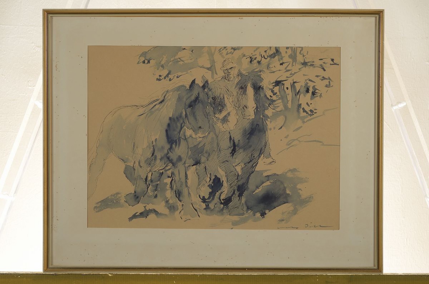Detail k: Otto Dill, 1884 Neustadt-1957 Bad Dürkheim, Bauer mit drei Pferden, aquarellierte Tuschfederzeichnung auf Papier, rechts unten signiert, ca. ...