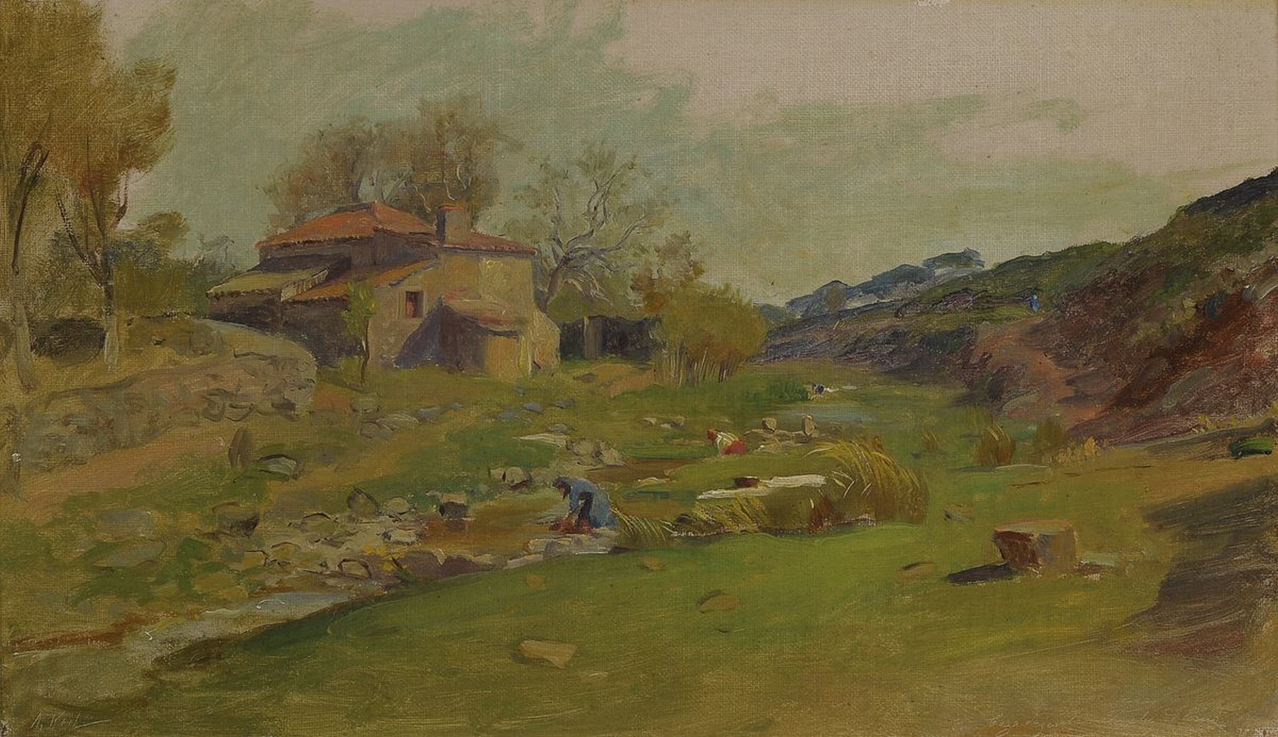 Unbekannter Künstler, um 1900, Wäscherinnen am Fluss, Öl/Malkarton, ca. 23x39cm, R. ca. 34x50cm