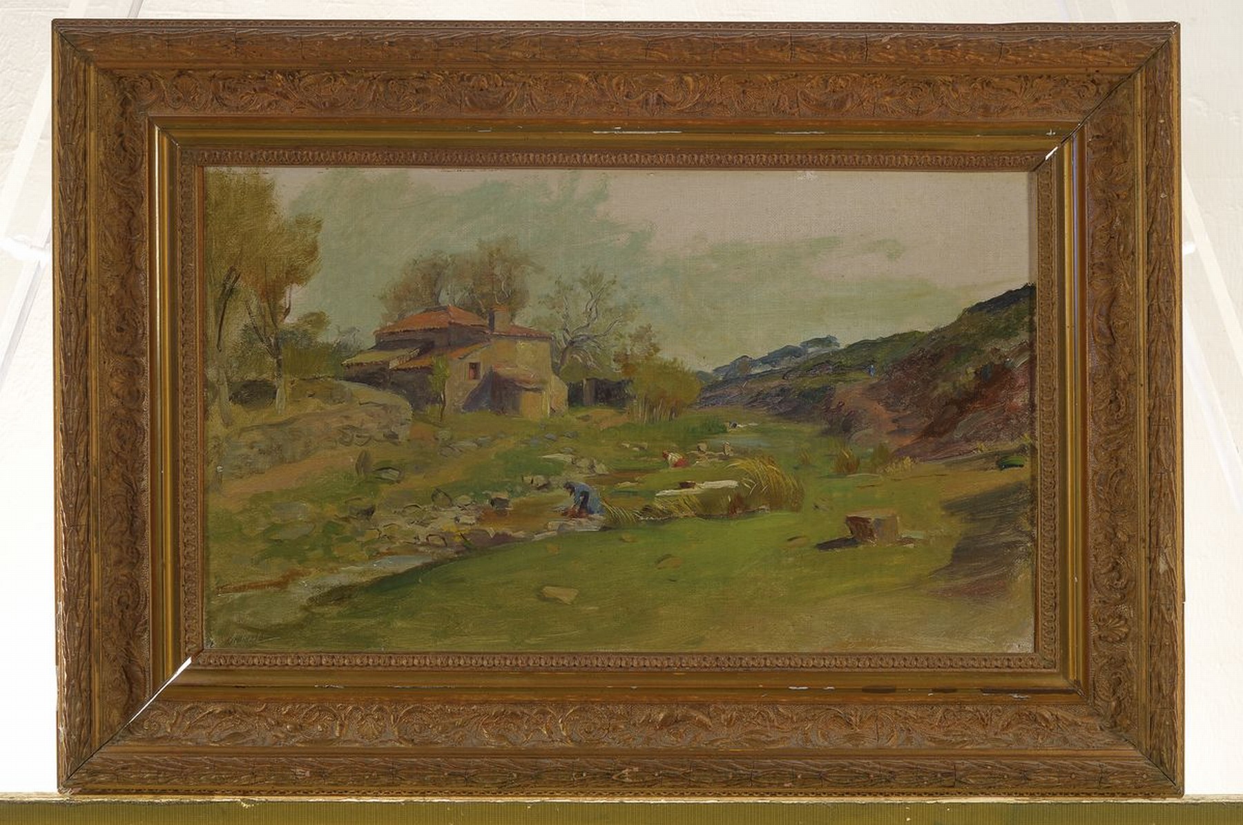 Detail k: Unbekannter Künstler, um 1900, Wäscherinnen am Fluss, Öl/Malkarton, ca. 23x39cm, R. ca. 34x50cm