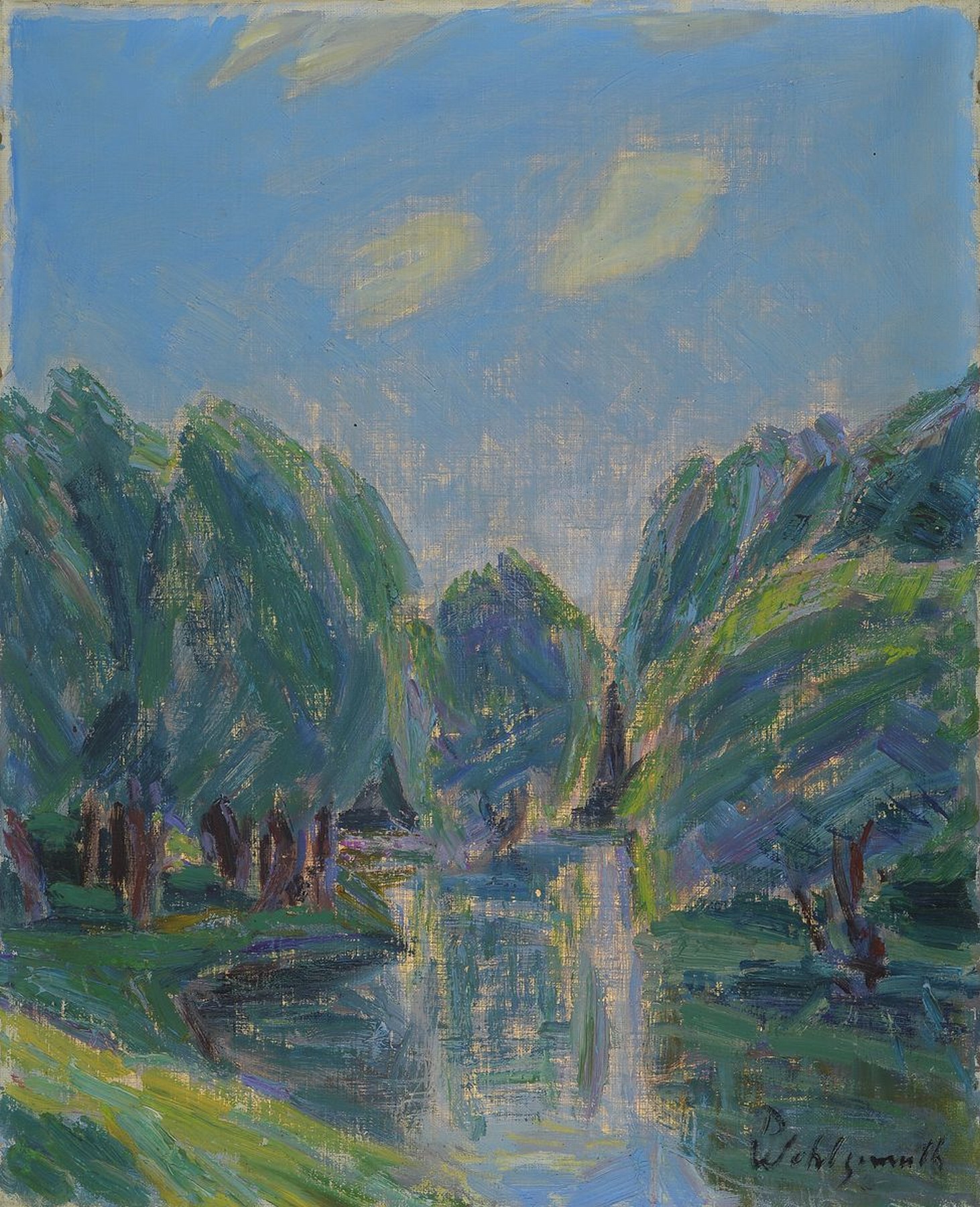 Daniel Wohlgemuth, 1876 Albisheim-1967 Gundersheim, Wasser und Weiden (Heisser Mittag am Altrhein), rückseitig so betitelt, Öl/Lwd, signiert, ca. ...