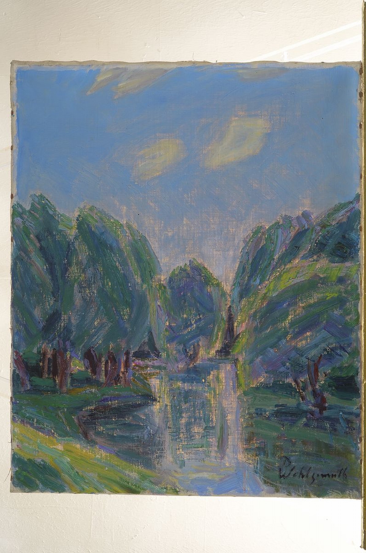 Detail k: Daniel Wohlgemuth, 1876 Albisheim-1967 Gundersheim, Wasser und Weiden (Heisser Mittag am Altrhein), rückseitig so betitelt, Öl/Lwd, signiert, ca. ...