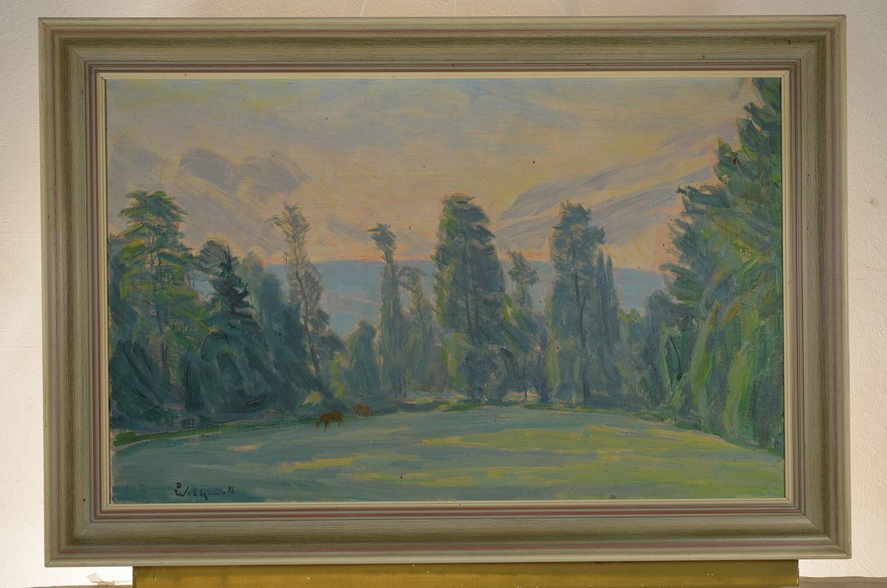 Detail k: Daniel Wohlgemuth, 1876 Albisheim-1967 Gundersheim, Rehe am Waldrand, Öl/Lwd, links unten signiert, rückseitig betitelt Morgenfrühe, ca. 50x80cm, ...