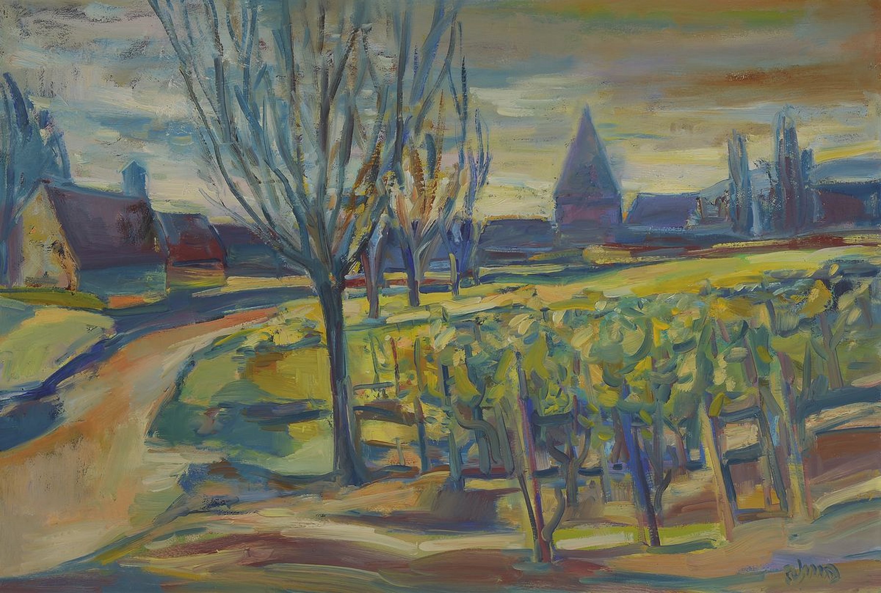 Erich Schug, 1906 Ludwigshafen-1982 Bad Dürkheim, Landschaft mit "Wingert" im Vordergrund, Öl/Hartfaser, signiert, ca. 55x80cm, R. ca. ...