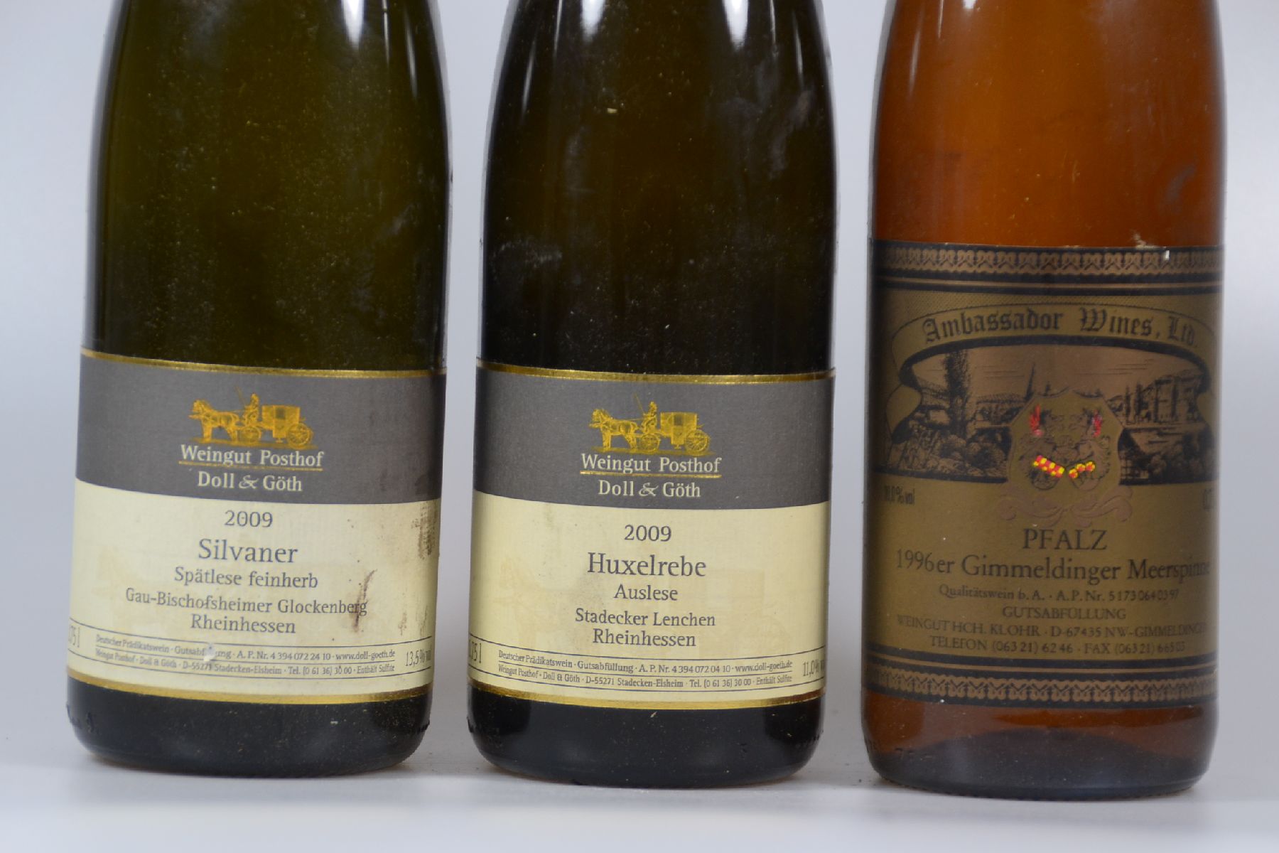 Detail a: 7 Fl. Wein Pfalz/Rheinhessen: 5 Fl. 1996, Gimmeldinger Meerspinne, Pfalz, 75 cl, leichter Schwund und 2009 Silvaner Gau -Bischofsheimer Glockenberg & ...