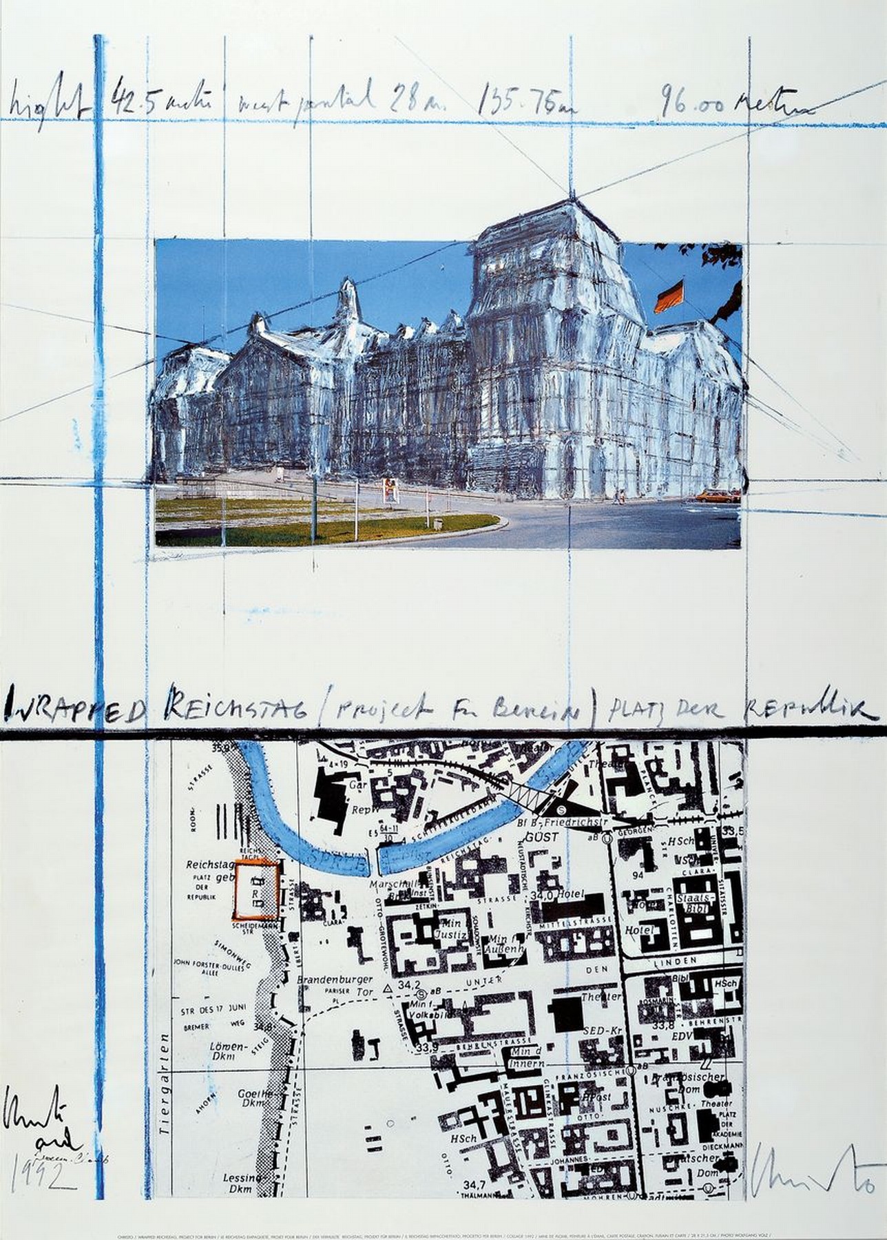 Christo & Jeanne-Claude, 1935-2020/2009, Collage: Wrapped Reichstag. Project for Berlin (1992), Farboffset, im Druck signiert u. datiert 1992, ...